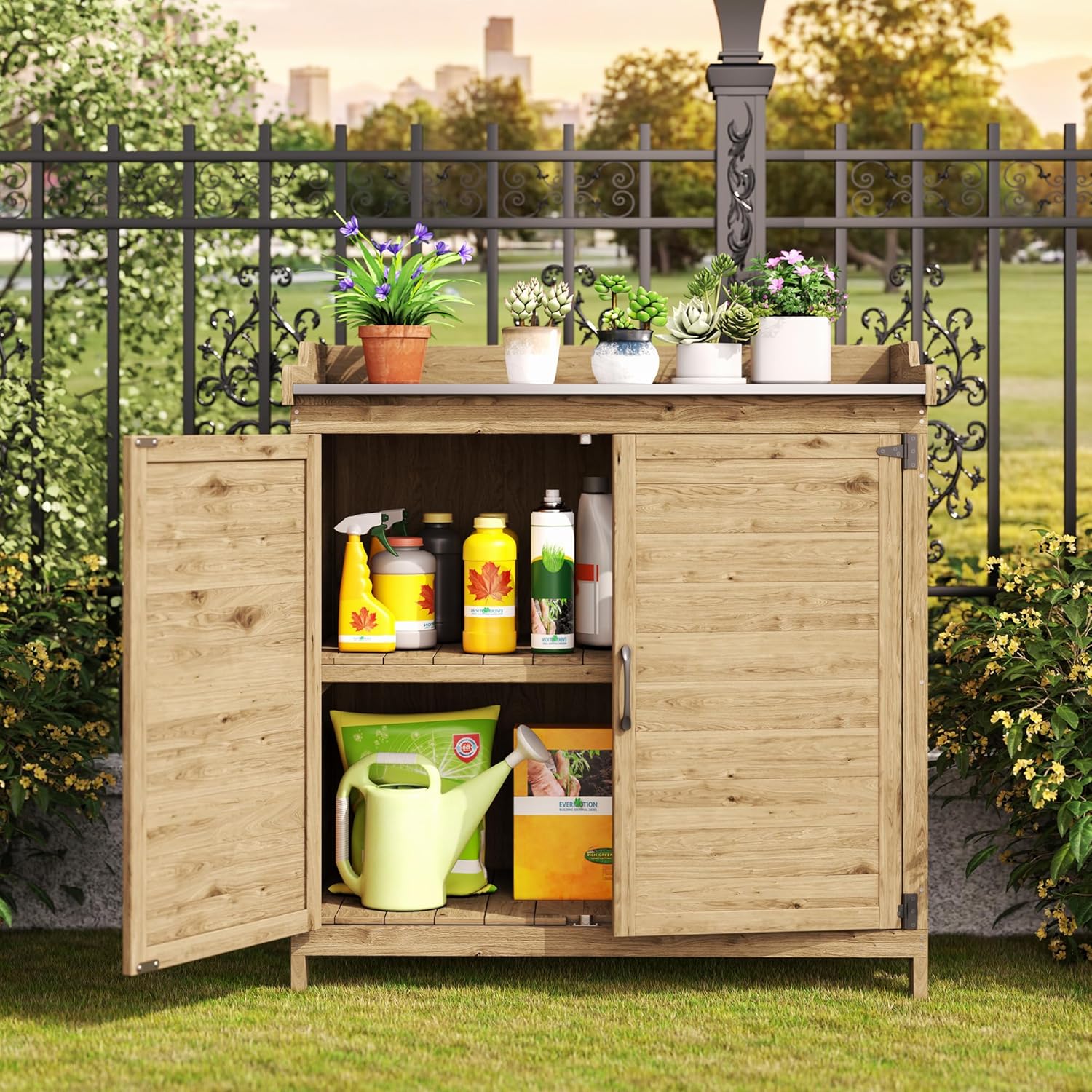 Bealife Tavolo per Piante con Mobile Base, Armadietto da Esterno in Legno,Mobiletto da Giardino con Piano di Lavoro con 1 Ripiano Mobile per Uso Interno ed Esterno (Naturale, 98x48x95 cm)