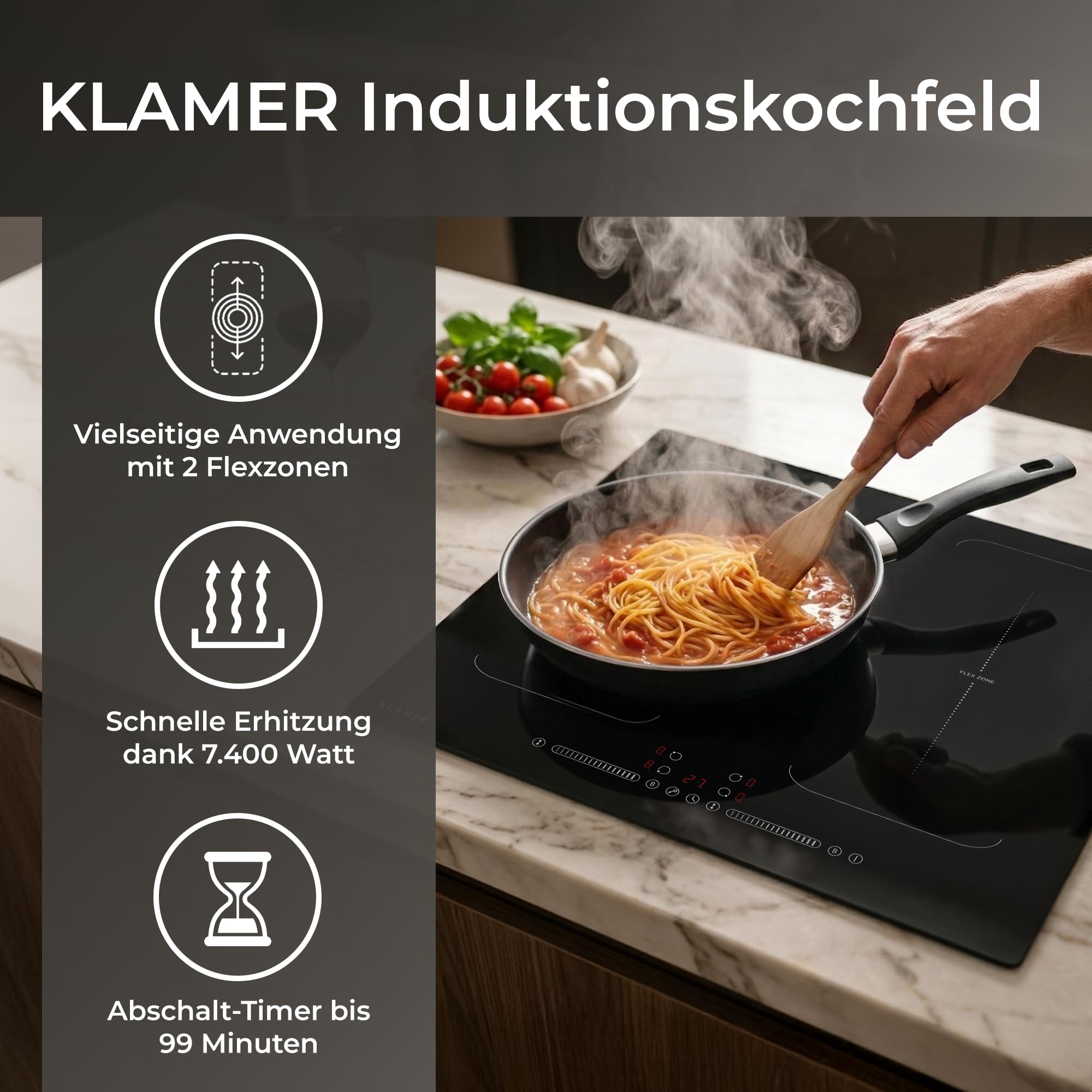 Induktionskochfeld 60 cm 4 Zonen 2 Flexzonen 7400 W Glaskeramik Boost-Funktion Timer Kindersicherung Abschaltautomatik