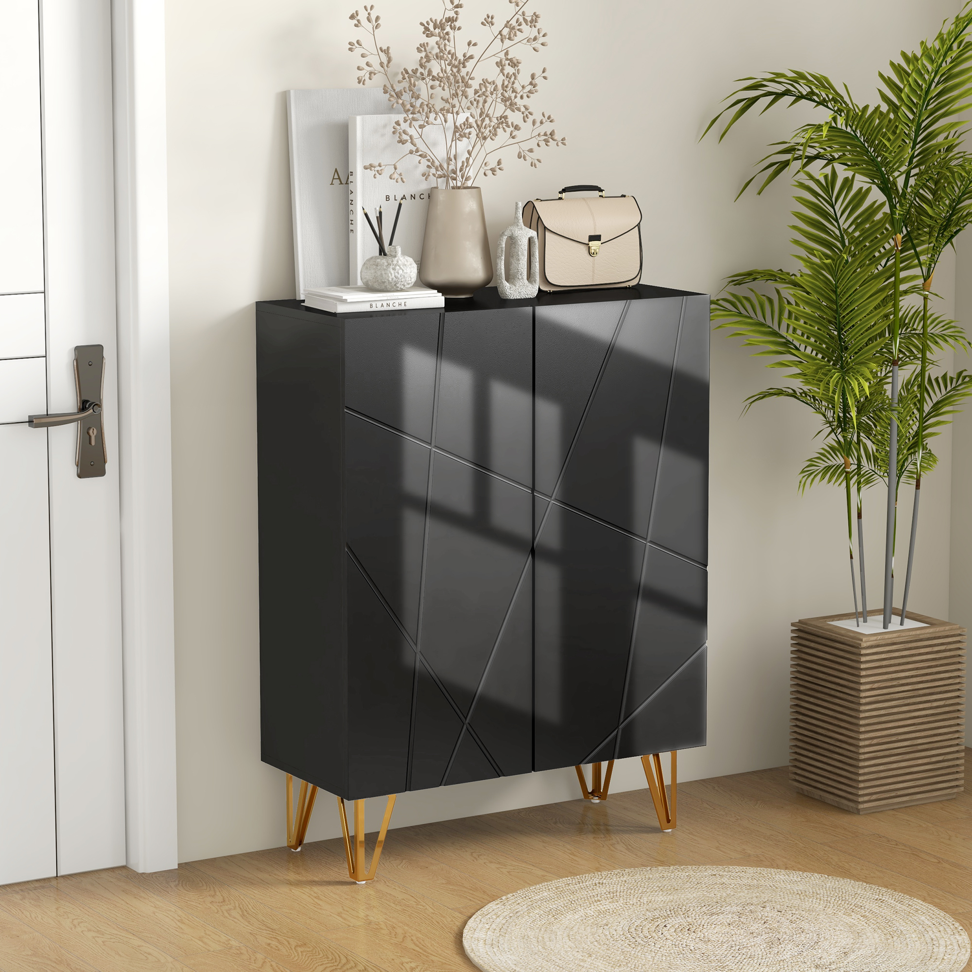 HOMCOM Schuhschrank Schuhaufbewahrungsschrank 2 Türen verstellbare Regale 72 x 31,5 x 95 cm Schwarz lackiert