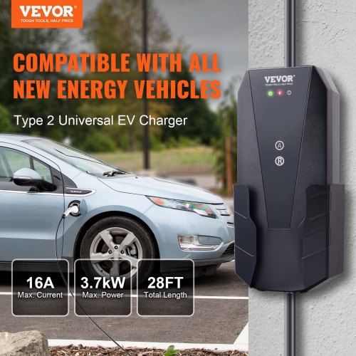 VEVOR Tragbares EV-Ladegerät 3,68 kW Ladegerät für Elektrofahrzeuge EV-Ladekabel Typ 2(IEC62196) CEE 7/7 Stecker 8-16A 1-Phasig EV-Ladestation 8,6m Kabellänge IP66 Wasserdicht Wallbox
