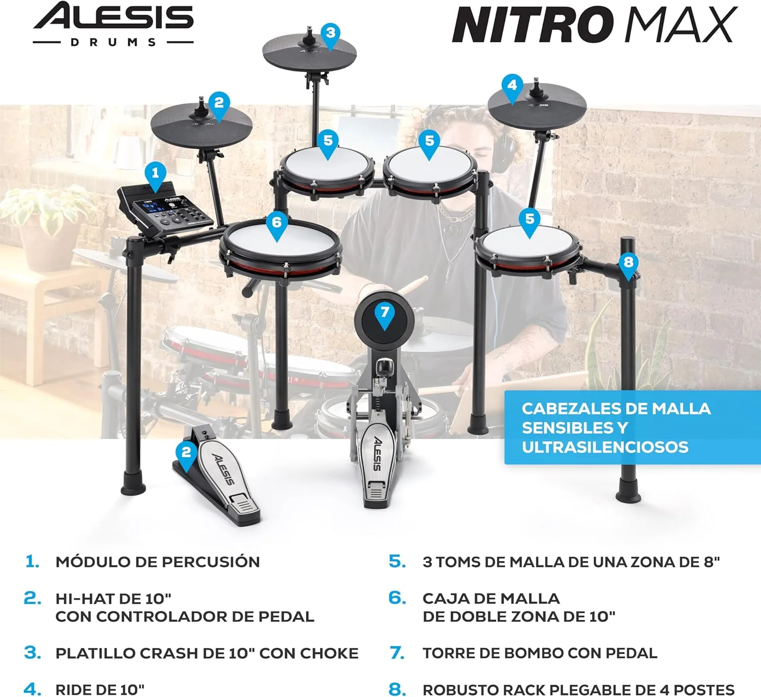 Alesis Nitro Max Kit Batería Electrónica con Parches Silenciosos de Malla, Caja de Doble Zona de 10