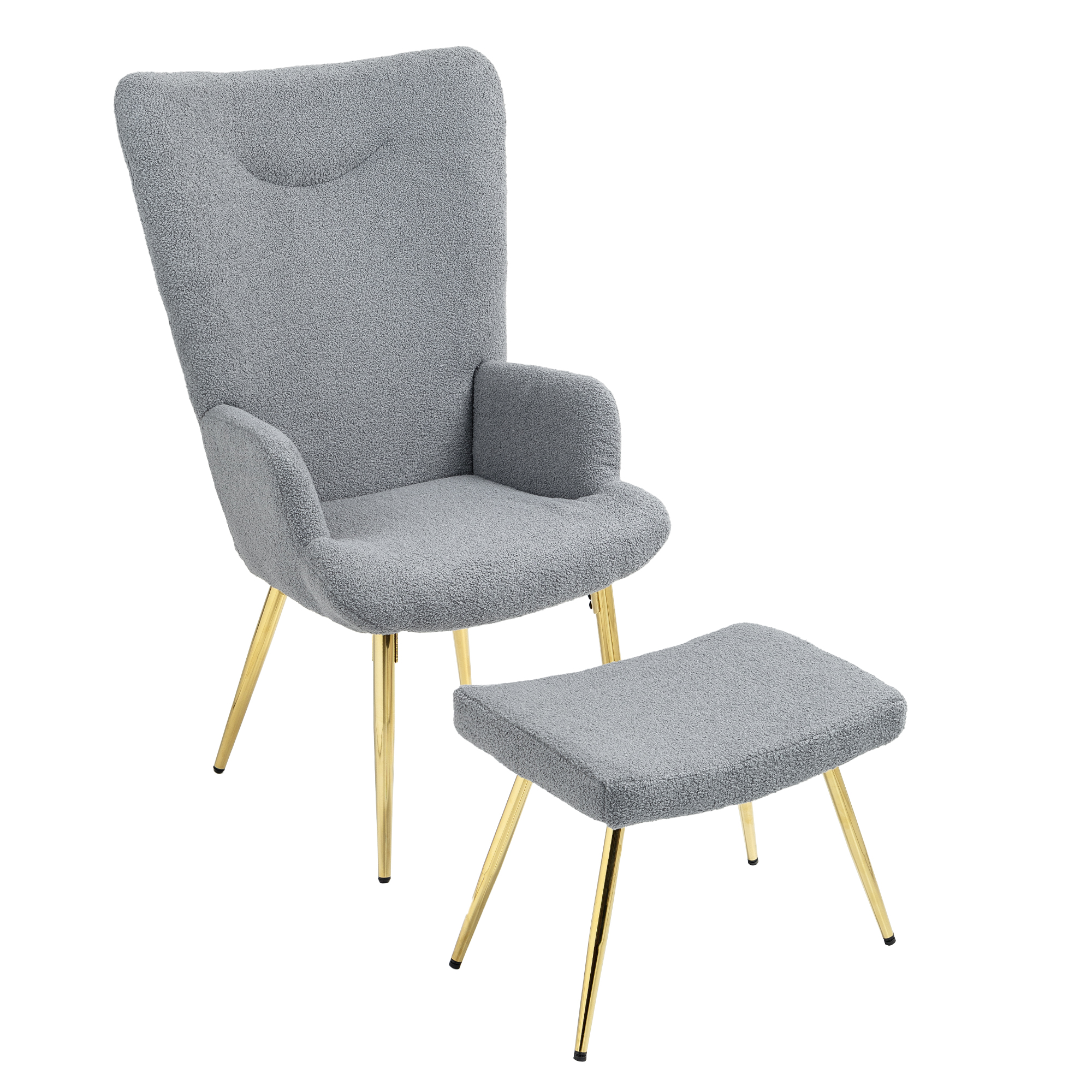 HOMCOM Set aus Relaxsessel mit Fußhocker, grauer Bouclé-Stoff und goldfarbene Metallbeine, hohe Rückenlehne, großer Komfort