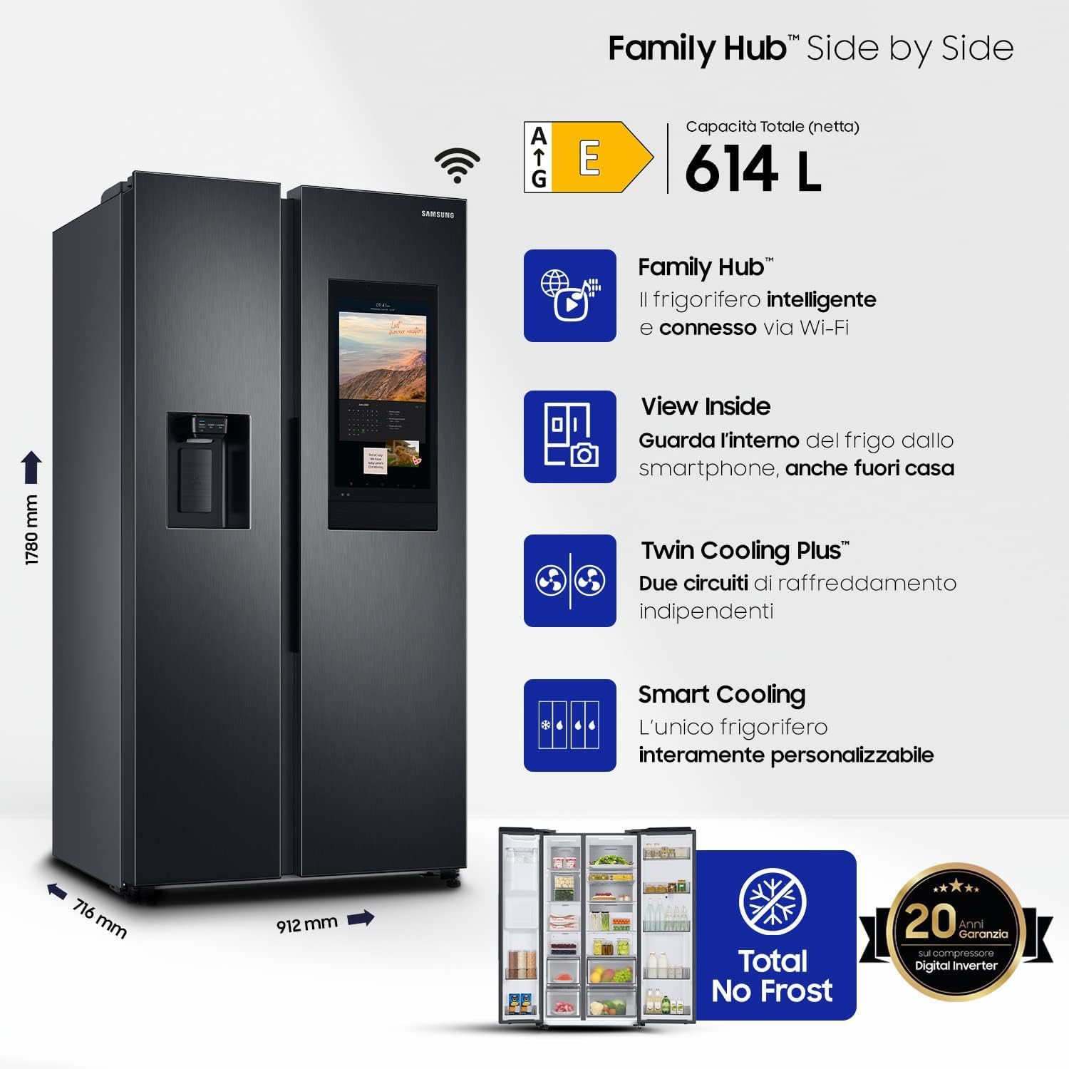 Samsung Frigorifero Side By Side con Family Hub™ RS6HA8891B1/EF, Libera installazione, Dispenser dell'acqua, Twin Cooling Plus™, Wifi, 614L, 91l x 178h x 72p cm
