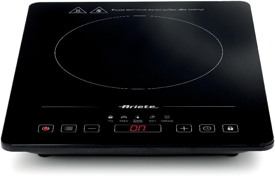 Ariete 1997 Piastra a induzione singola portatile, Vetroceramica, 2000W, 10 livelli di potenza, Timer fino a 4 ore, Sicurezza bambini, 5 programmi, Nero