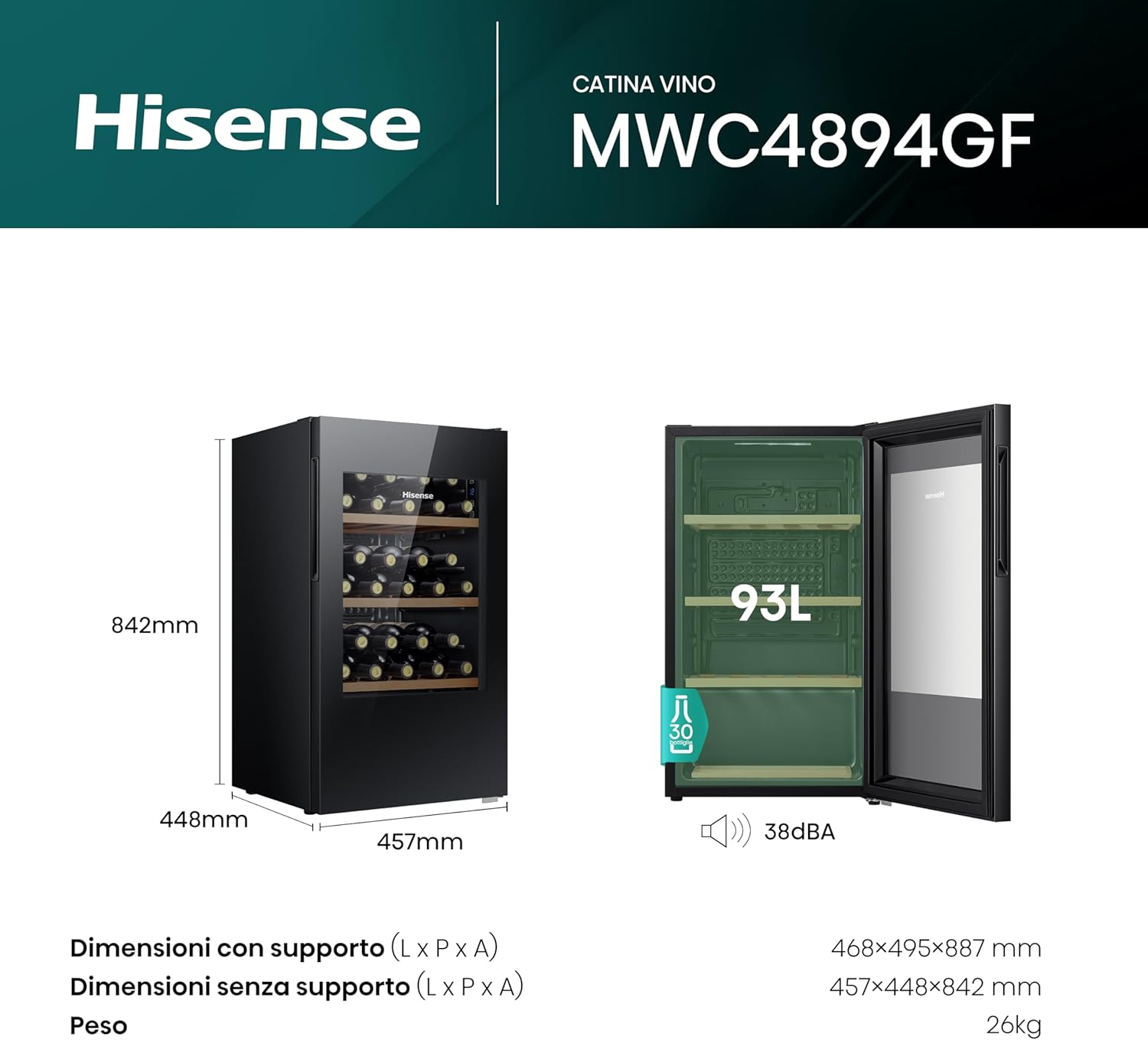 Hisense MWC4894GF Wine Cellar 30 Bottles, Monotemperature, Anti-UV Glasses, Wooden Shelves, Touch Display, LED Lighting, Year 2023