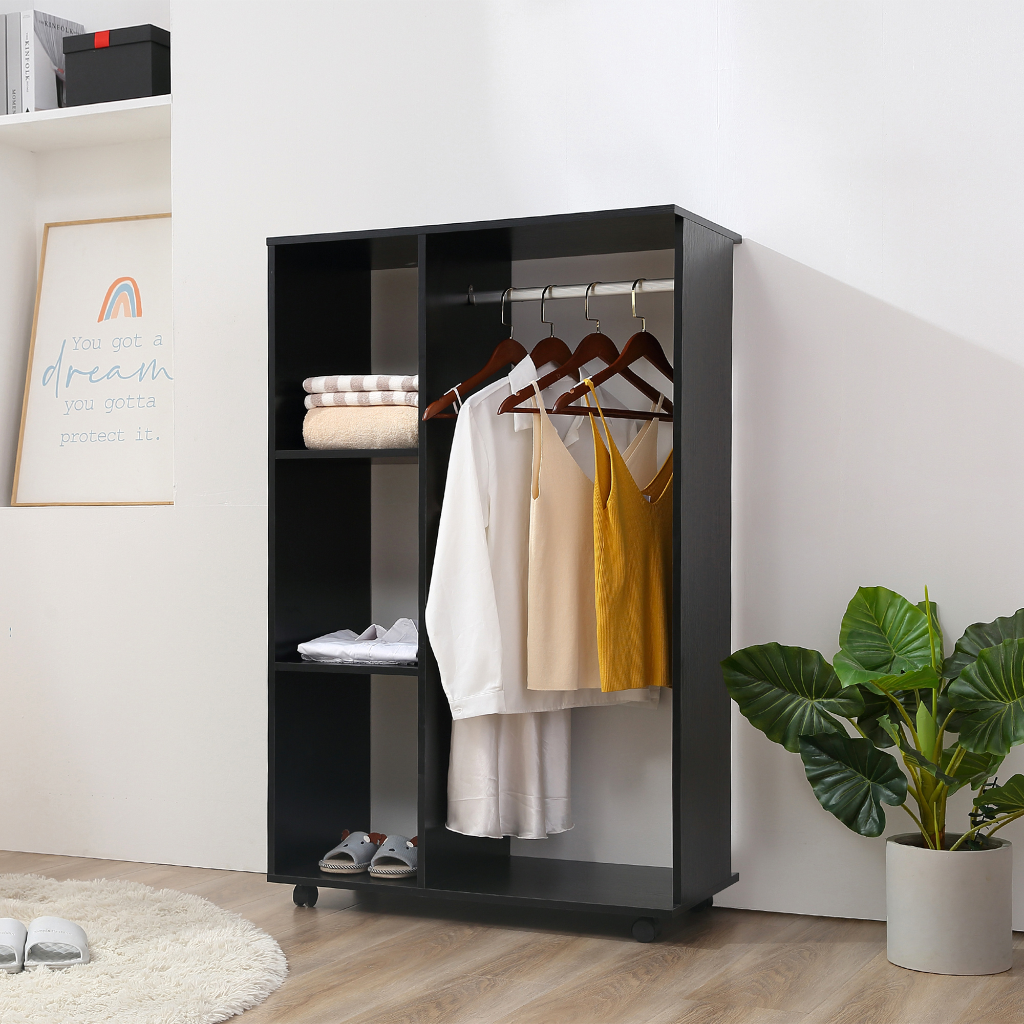 HOMCOM Kleiderschrank auf Rollen, mobile Garderobe, Garderobenschrank, Rollbarer Kleiderständer, 80 x 40 x 128 cm, Schwarz