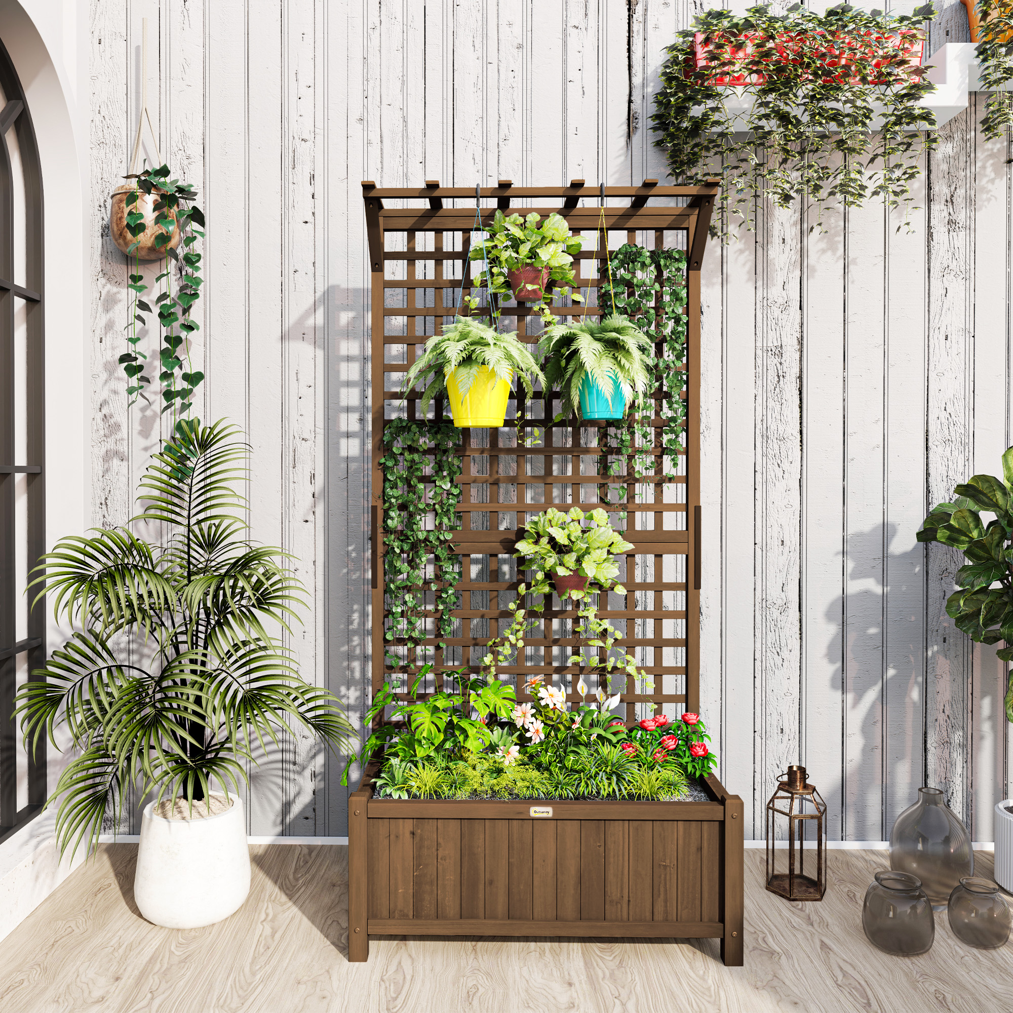 Outsunny Hochbeet mit Spalier und Dach, Pflanzkasten, Blumenbeet, wetterfest, Holz, 90 x 45 x 183 cm, Braun