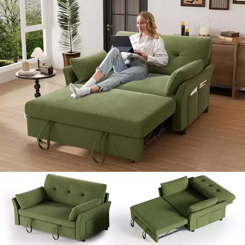 Chenille Sleeper Sofa Bed, Convertible Couch with Pull-Out Bed for Living Room