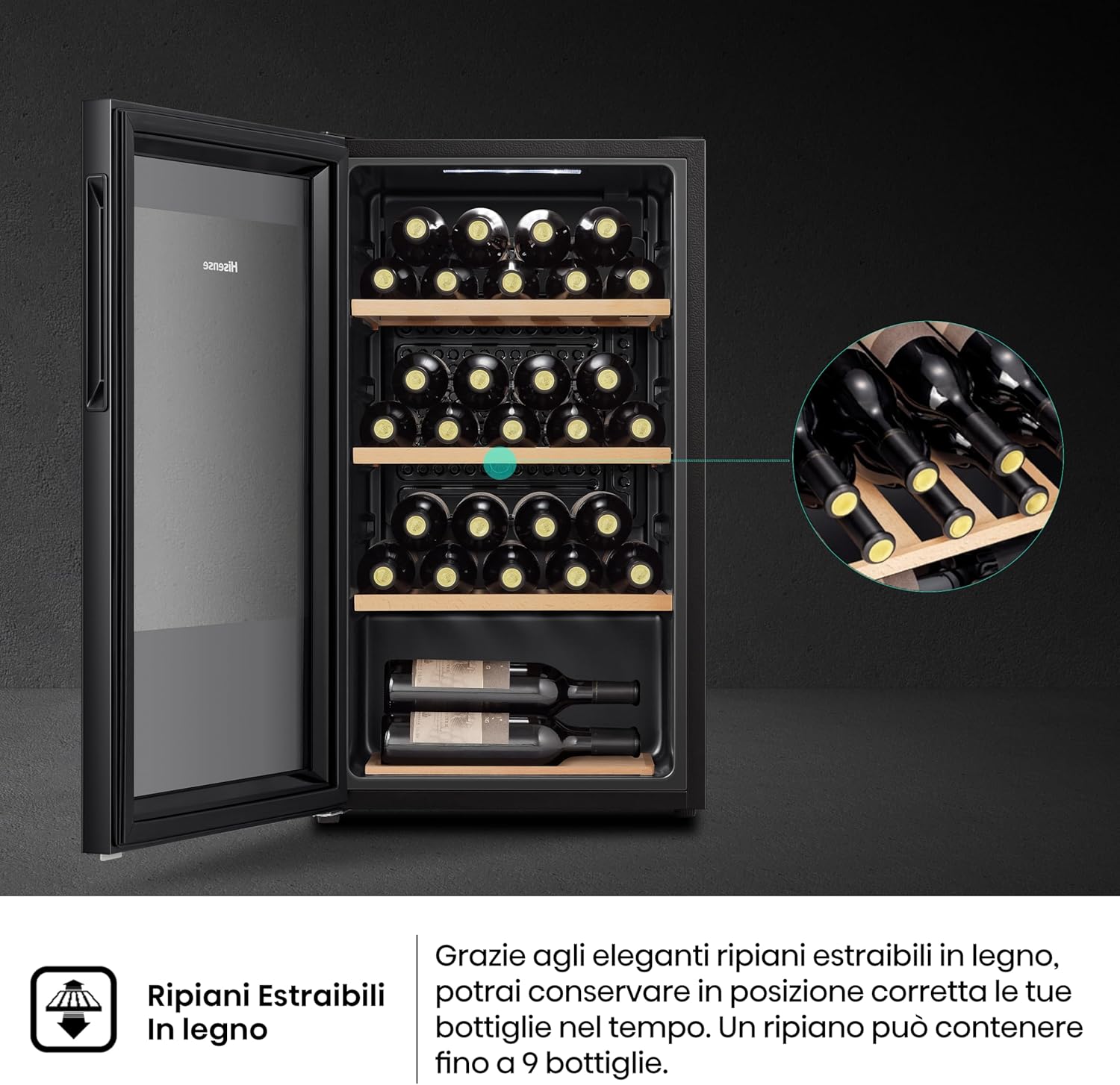 Hisense MWC4894GF Wine Cellar 30 Bottles, Monotemperature, Anti-UV Glasses, Wooden Shelves, Touch Display, LED Lighting, Year 2023