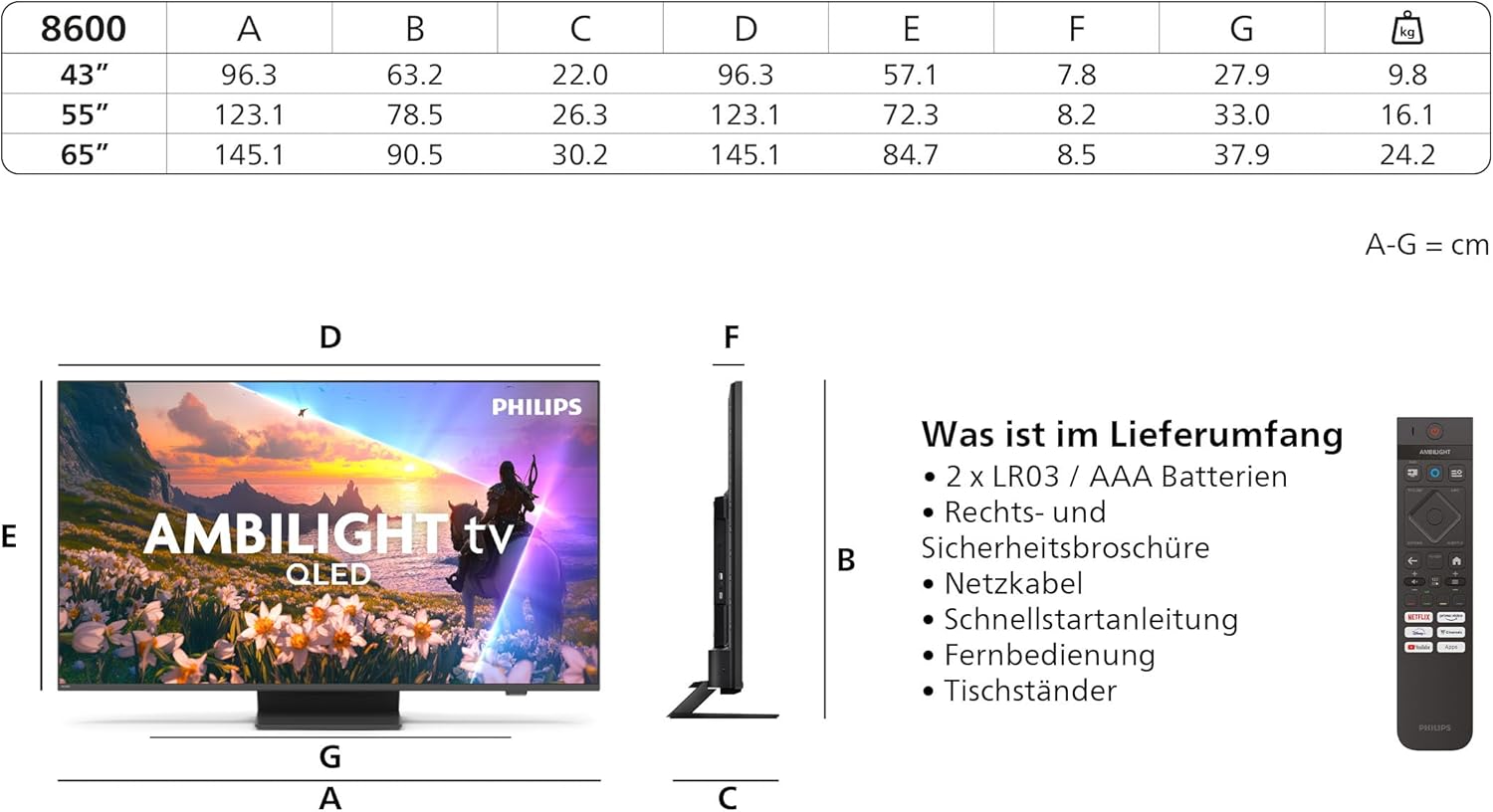 Philips Ambilight 55PUS8600 4K QLED Smart TV - 55 Zoll Display mit P5 Perfect Picture Engine Ultra HD, Titan OS, Dolby Vision und Dolby Atmos Sound