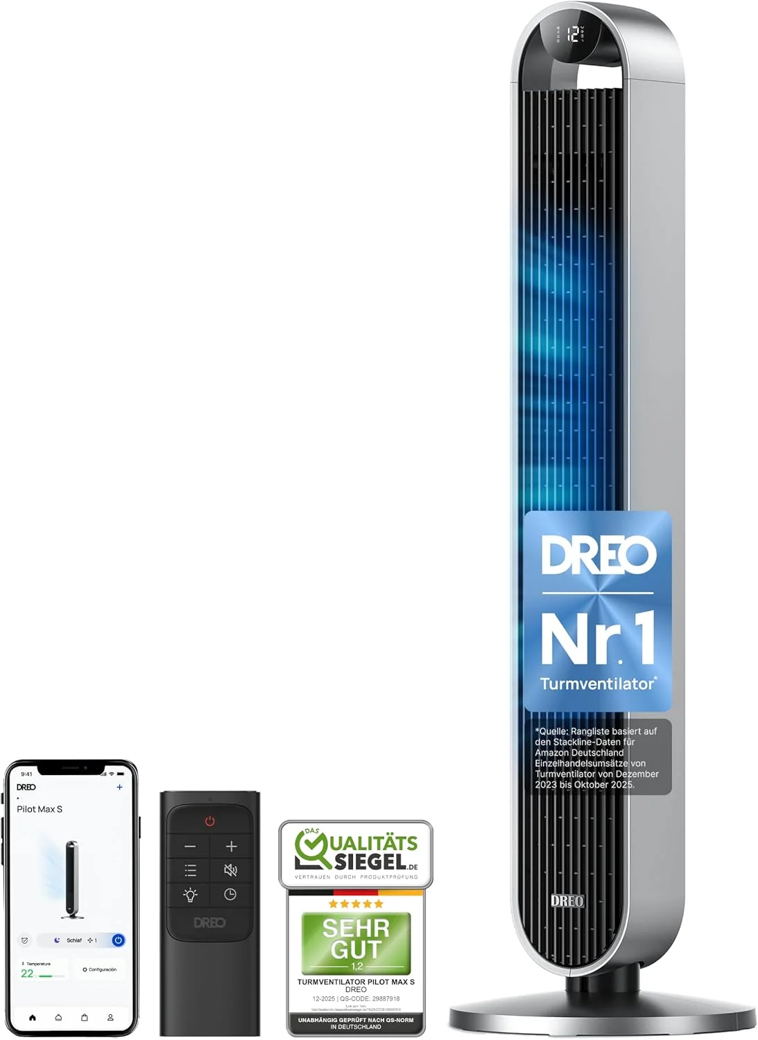 DREO Smart Turmventilator Sehr Leise, 25dB Standventilator mit Fernbedienung für Schlafzimmer, 120° Oszillierender Ventilator, 12-Stund-Timer