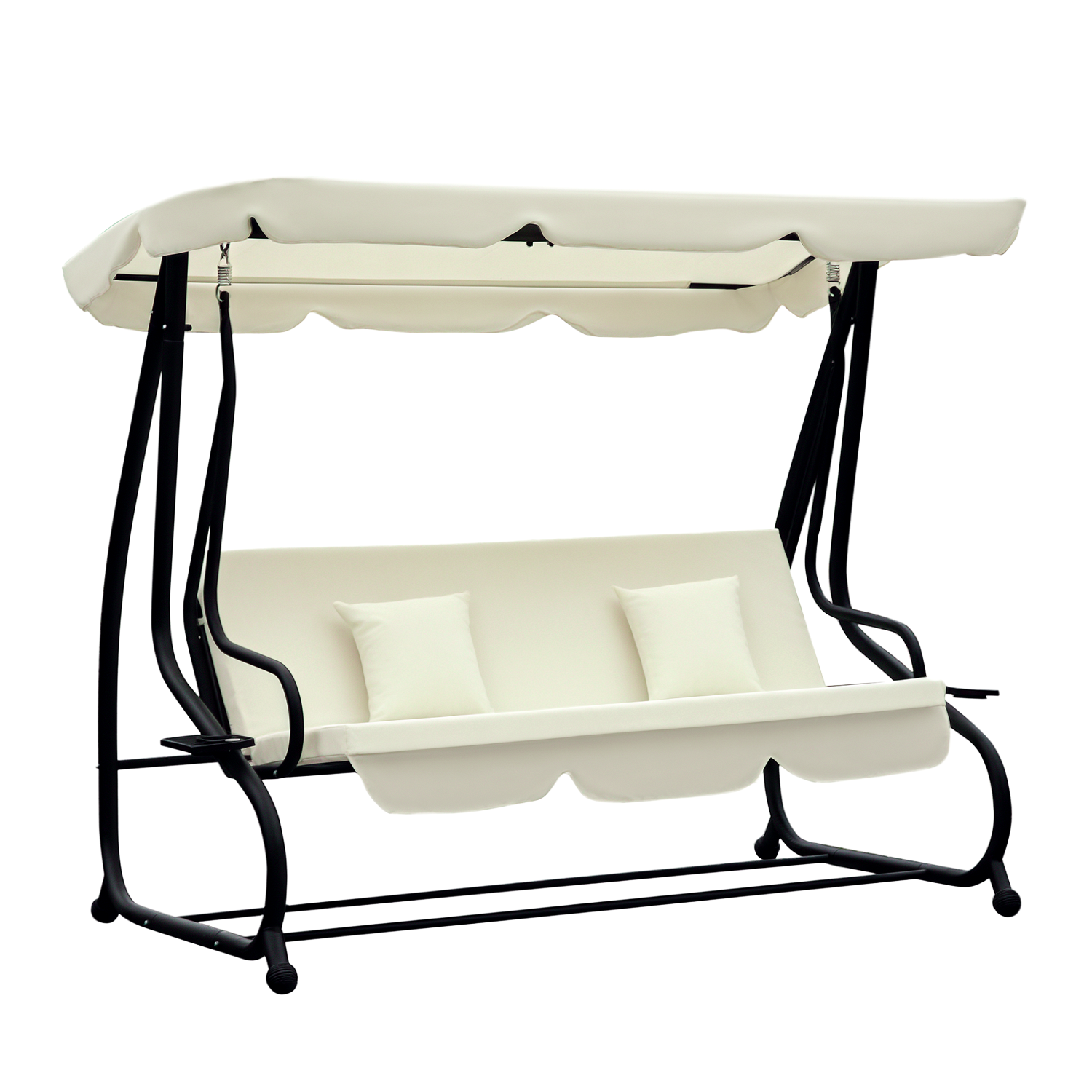Outsunny Schaukelstuhl 3-Sitzer Hollywoodschaukel Gartenschaukel mit Sitz- und Rückenlehnen Tablett Sitzbank Schwingbank Dachwinkel verstellbar Stahl Polyestergewebe Creme 200 x 120 x 164 cm