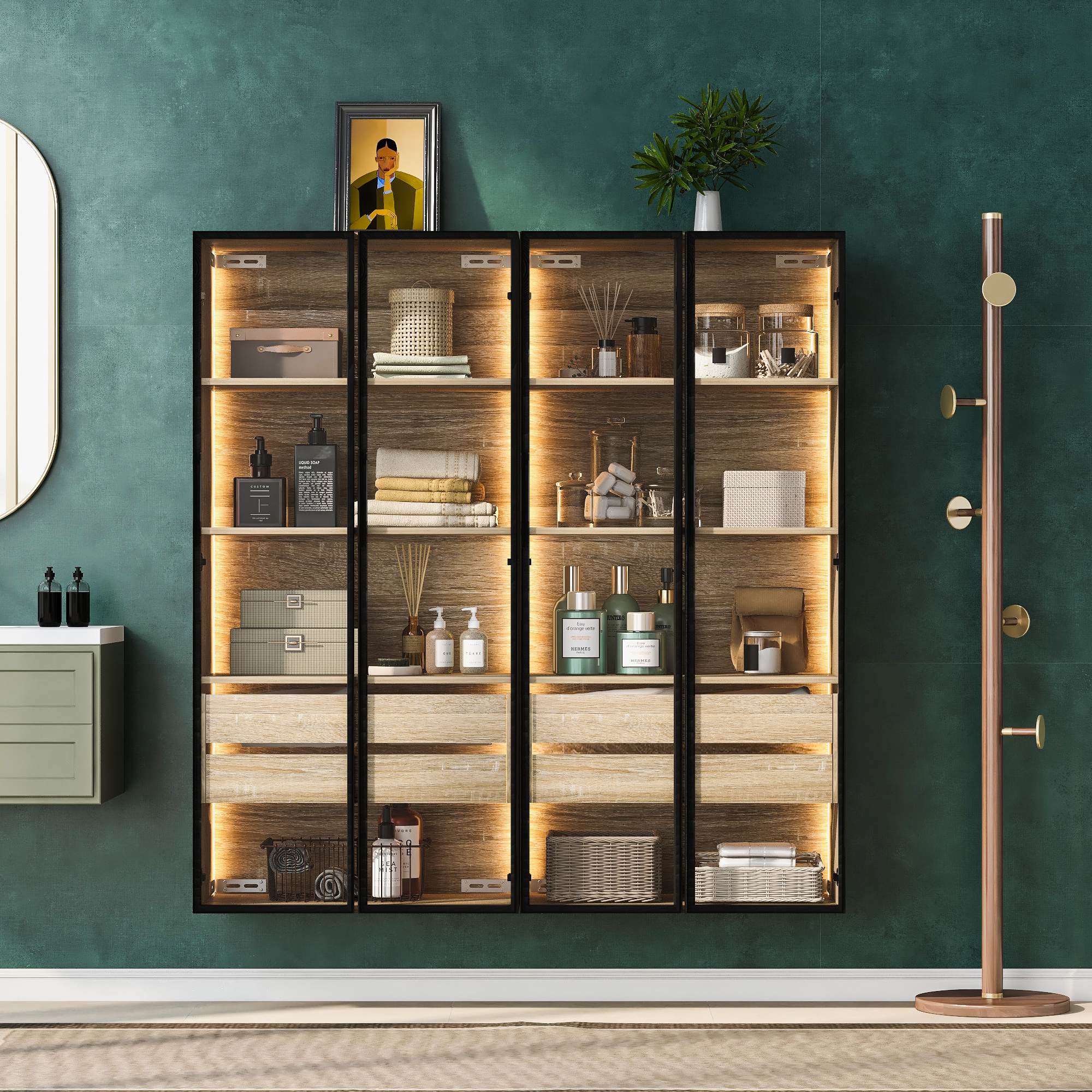 Badezimmerschrank 74x36x155 cm MDF mit LED-Beleuchtung, 2 Schubladen, 2 Türen, Milchglas, Schwarz
