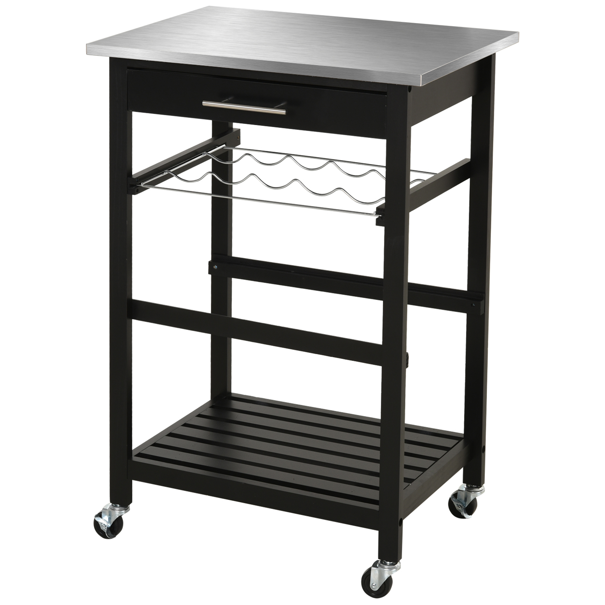HOMCOM Küchenwagen Servierwagen Küchentisch auf Rollen mit Regal Flaschenablage 60B x 40T x 85H cm Arbeitsfläche aus Edelstahl Schwarz