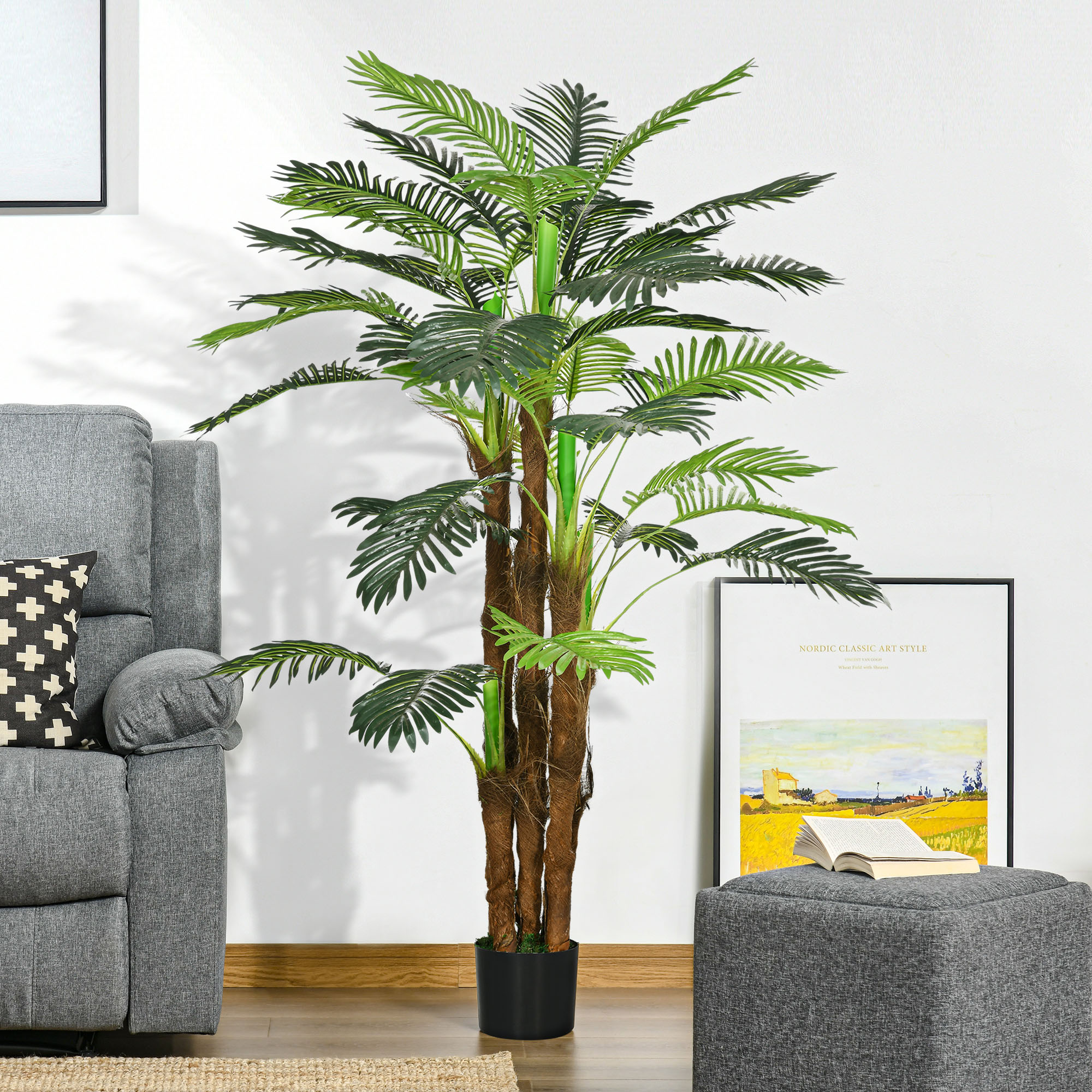 HOMCOM Künstliche Palme, 1,6 m, realistische Zweige, Dekorationspflanze, Kunststoff, mit Topf, Braun+Grün