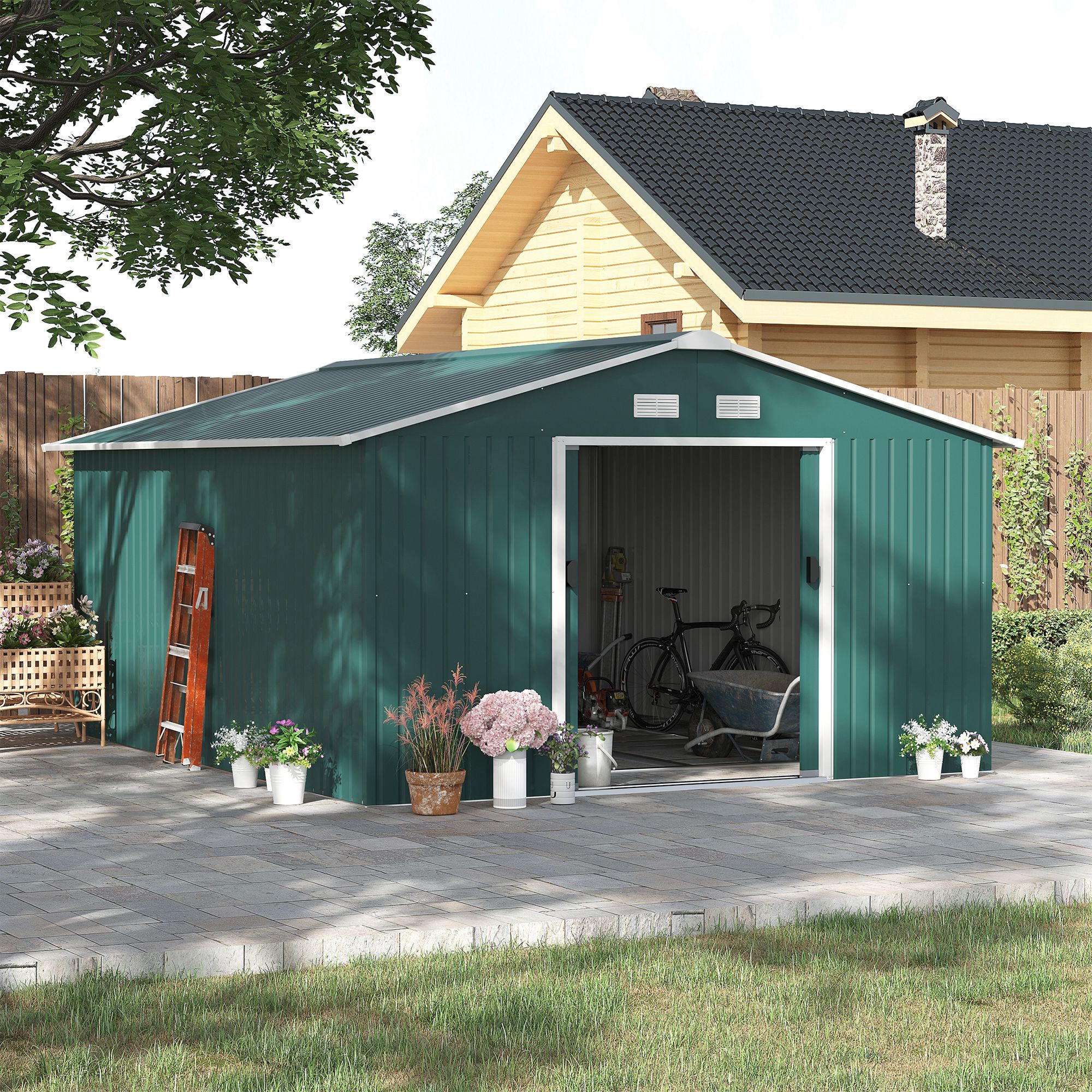Outsunny Geräteschuppen, Wetterfestes Gartenhaus für Gartengeräte, mit Belüftungsfenstern, Schiebetüren, Stahl, Dunkelgrün