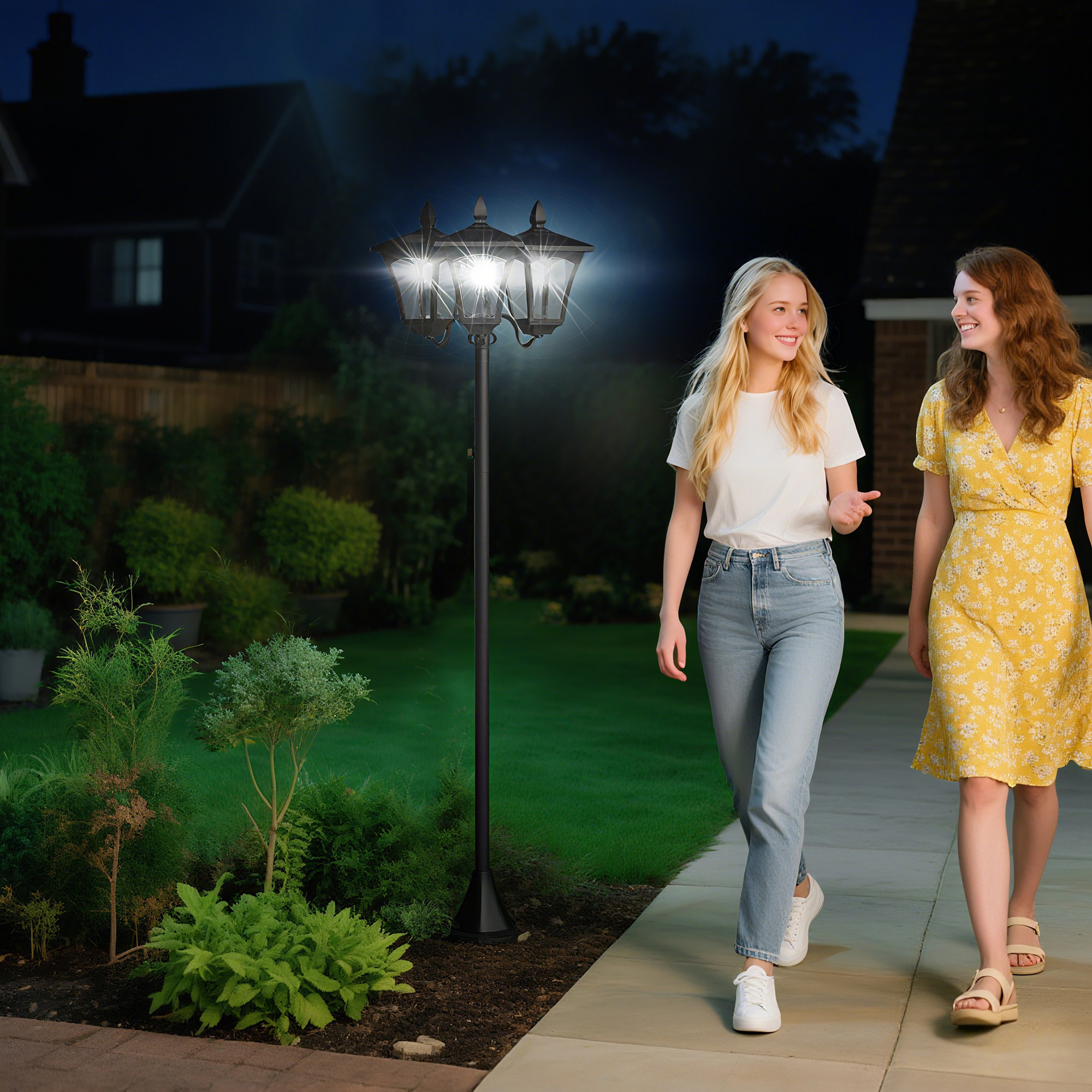 Outsunny Solar Gartenlaterne mit 3 flammig Laterne Mast aus Edelstahl Solarlaterne mit LED 120 Lumen 51,5x47x182,5cm Wegeleuchte IP44 für Garten Balkon Schwarz