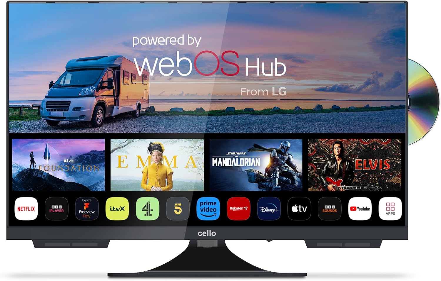 Cello C2224WSF Smart TV/DVD 12V da 22', WebOS, Bluetooth, Audio Pitch Perfect, ideale per Camper, Caravan e Barca