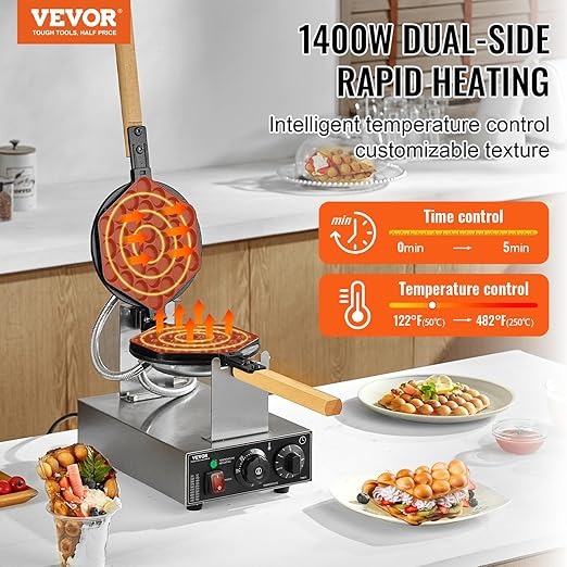 VEVOR Macchina per Waffle Bubble Commerciale 1400W Macchina Waffle Antiaderente in Acciaio inox Egg Bubble Puff, 180° Girevole, Controllo Temperatura Tempo, Manico, Ristorante Panetteria Snack Bar