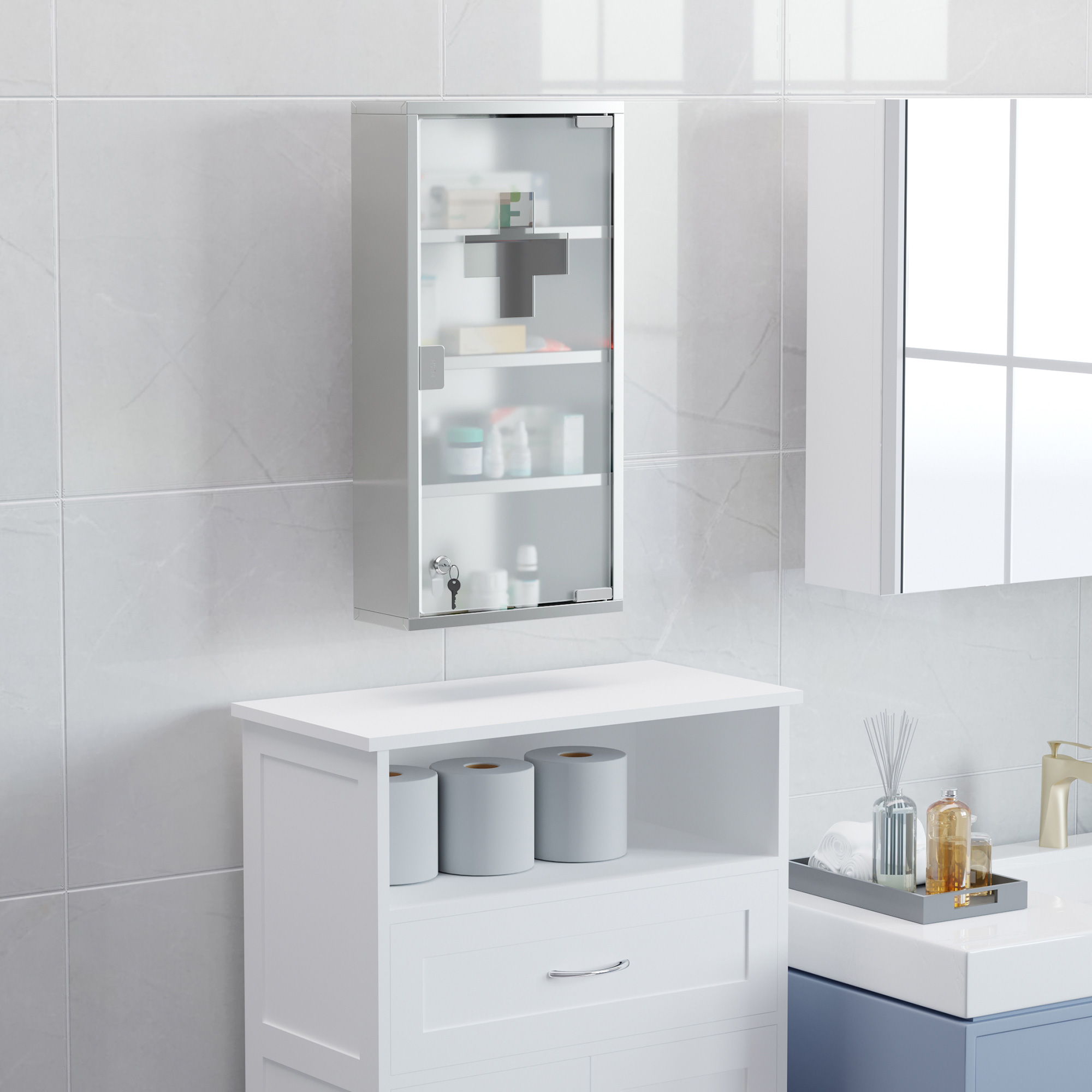 HOMCOM Medizinschrank Arzneischrank aus Edelstahl, Abschließbar Medikamentenschrank mit 4 Fächern, Glastür Apothekerschrank zur Medikamenten-Aufbewahrung, 30 x 12 x 60 cm