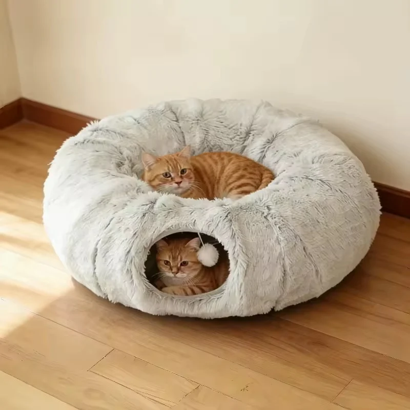 Plush Cat Tunnel Bed �C Dual Purpose with Peephole & Machine Washable Cushion