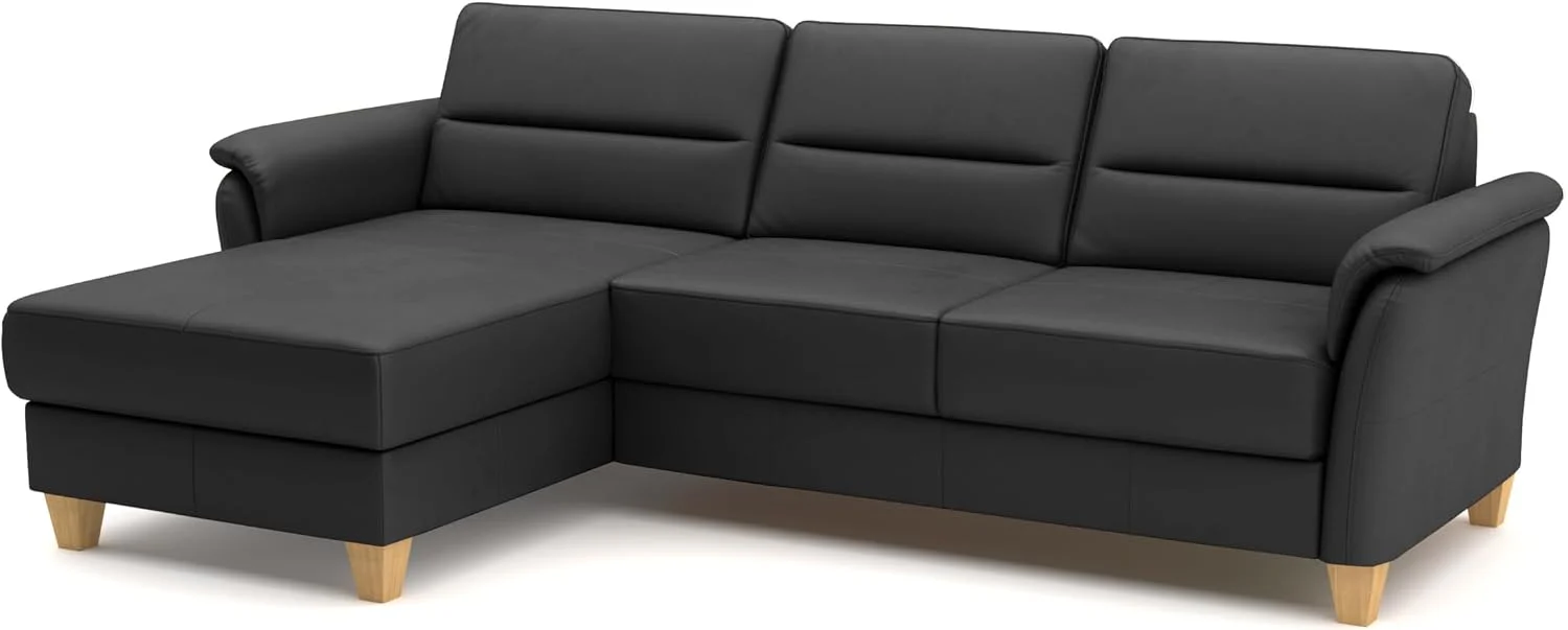 CAVADORE Leder-Ecksofa Palera mit Longchair/Landhaus-Couch mit Federkern + massiven Holzfüßen/244 x 89 x 163/Leder Schwarz