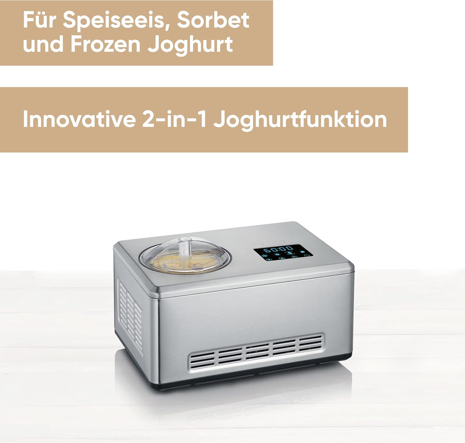 SEVERIN 2-in-1 Eismaschine mit Joghurtfunktion, Kompressor Ice Cream Maker für Eis, Sorbet und Frozen Joghurt, Speiseeismaschine inkl. zwei Eisbehälter, Edelstahl-gebürstet, EZ 7406