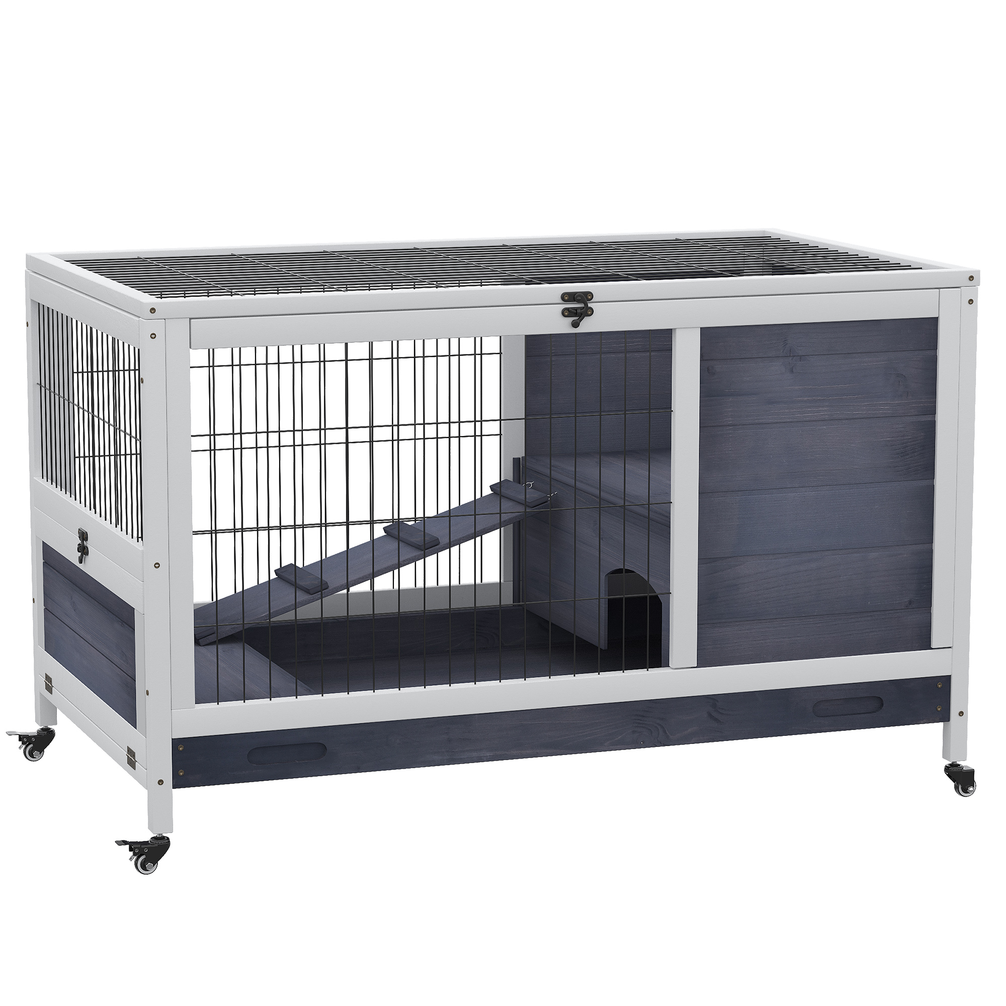 PawHut Kleintierstall mit Rädern Kleintierkäfig Meerschweinchenstall Meerschweinchenkäfig Kleintierhaus Tannenholz Dunkelgrau+Weiß 90 x 53 x 59 cm