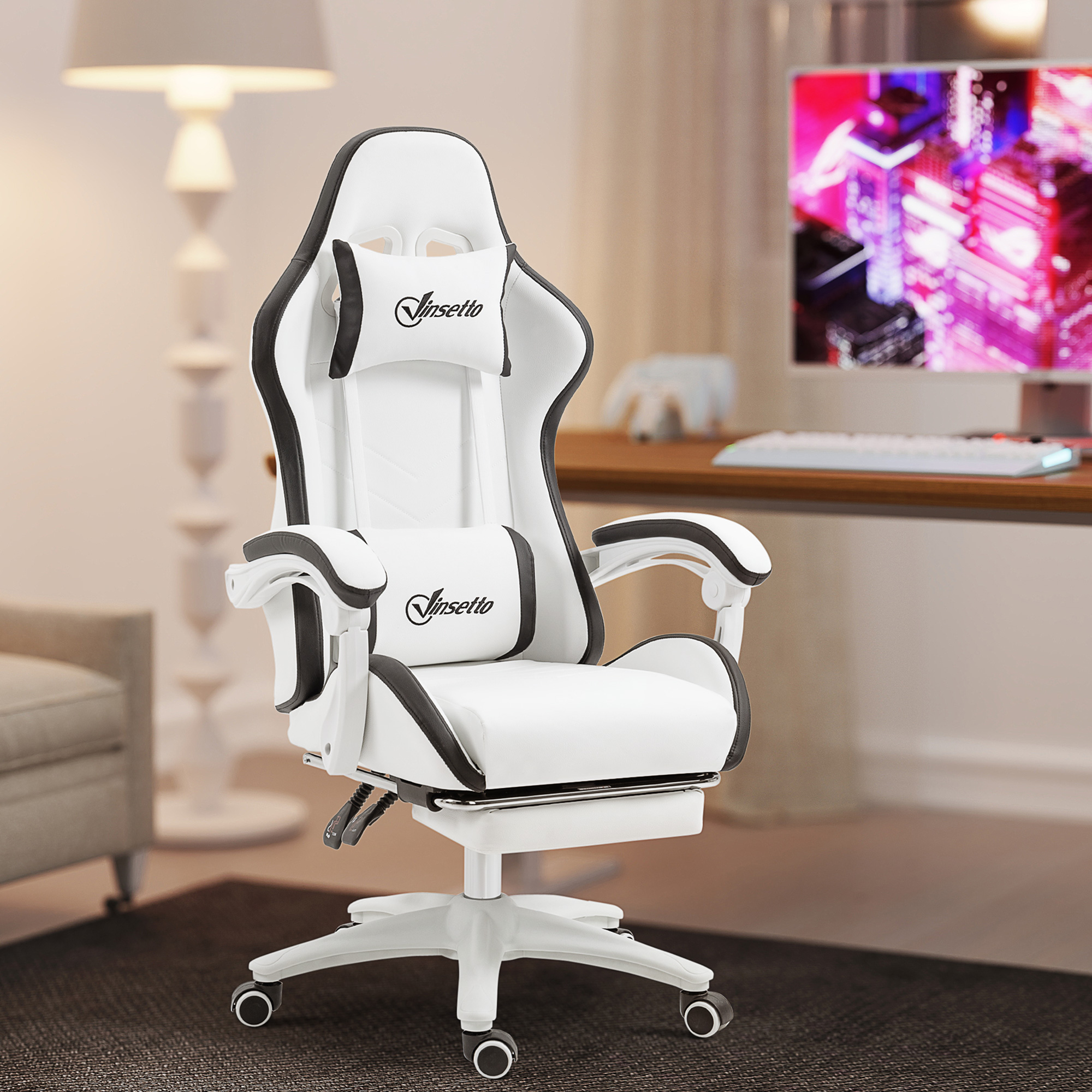 Vinsetto Gaming-Stuhl Gaming-Stuhl Neigungswinkel 135° mit Kopfstütze Fußstütze 65l x 65B x 121-129H cm weiß und schwarz