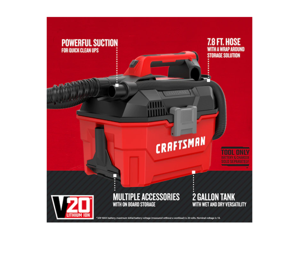 CRAFTSMAN V20 20V Cordless 2-Gallon Wet/Dry Shop Vacuum, HEPA Filter, Portable Design (Battery Not Included)