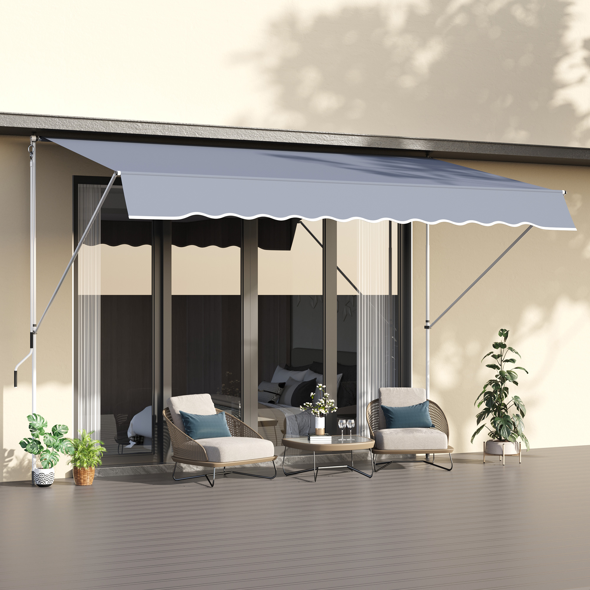 Outsunny Markise Manuelles ausziehbares 4L x 1,2B m Balkon Markise ohne Bohren Einstellbare Neigung und Höhe Schnelle Montage Metall Alu Polyester Anti-UV Dunkelgrau