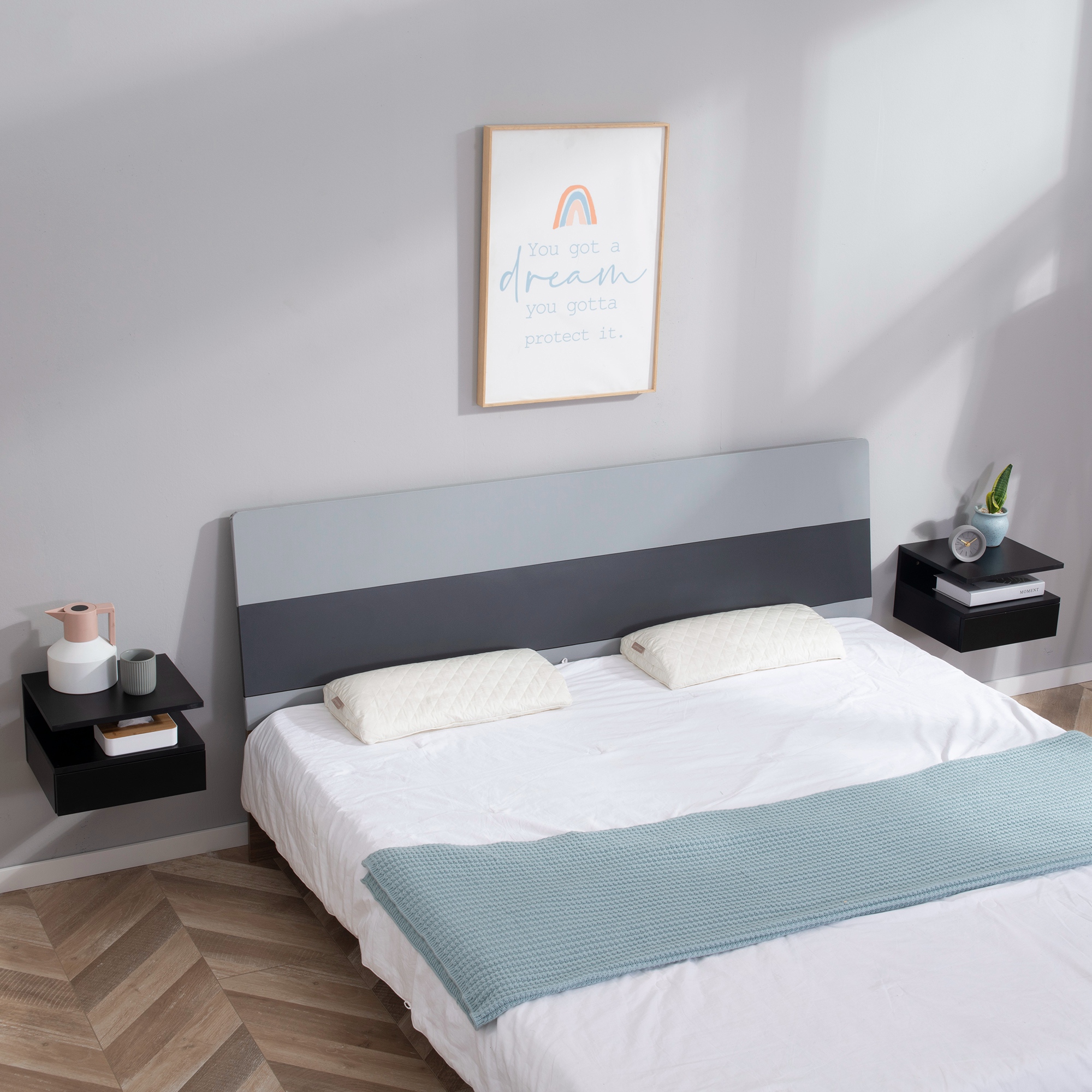 HOMCOM Set von 2 schwebenden Nachttischen - Set von 2 Nachttischen - Ausziehbare Schublade, Fach, Tablett - Schwarz Spanplatten