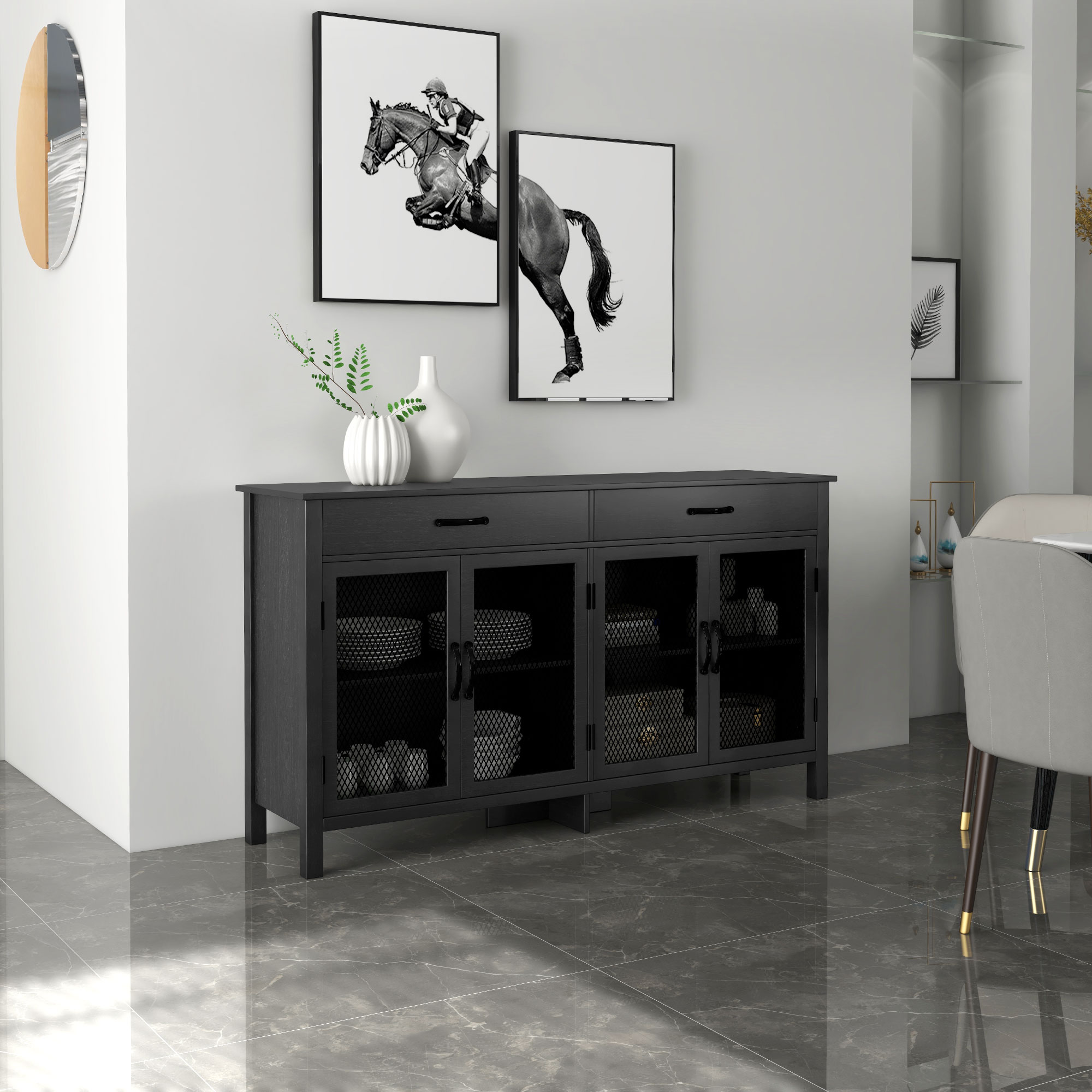HOMCOM Lowboard-Schrank mit 4 Türen, verstellbaren Regalen und 2 Schubladen im industriellen Stil 150 x 40 x 85 cm Schwarz