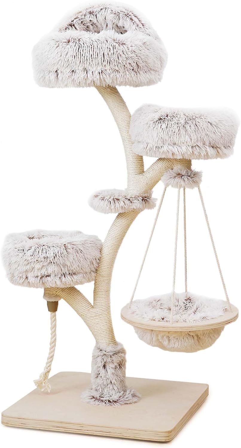 Fudajo Designer Krabpaal in Takontwerp 130 cm hoog, Kattenkrabpaal met Pluche en Sisal, Klimboom voor Katten, Kattenboom met Hanggemat