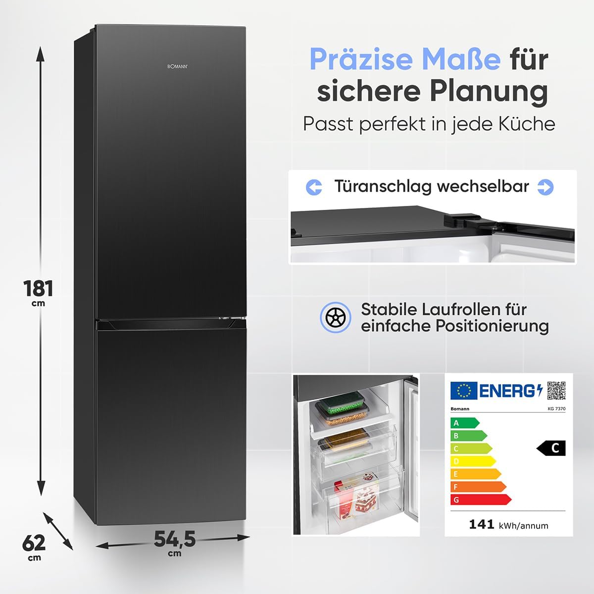 Bomann® Kühlschrank mit Gefrierfach | Energieklasse C | 181cm | NoFrost | 5 Jahre Kompressor-Garantie | Kühl Gefrierkombination No-Frost | Kühlgefrierkombination freistehend | KG 7370 schwarz