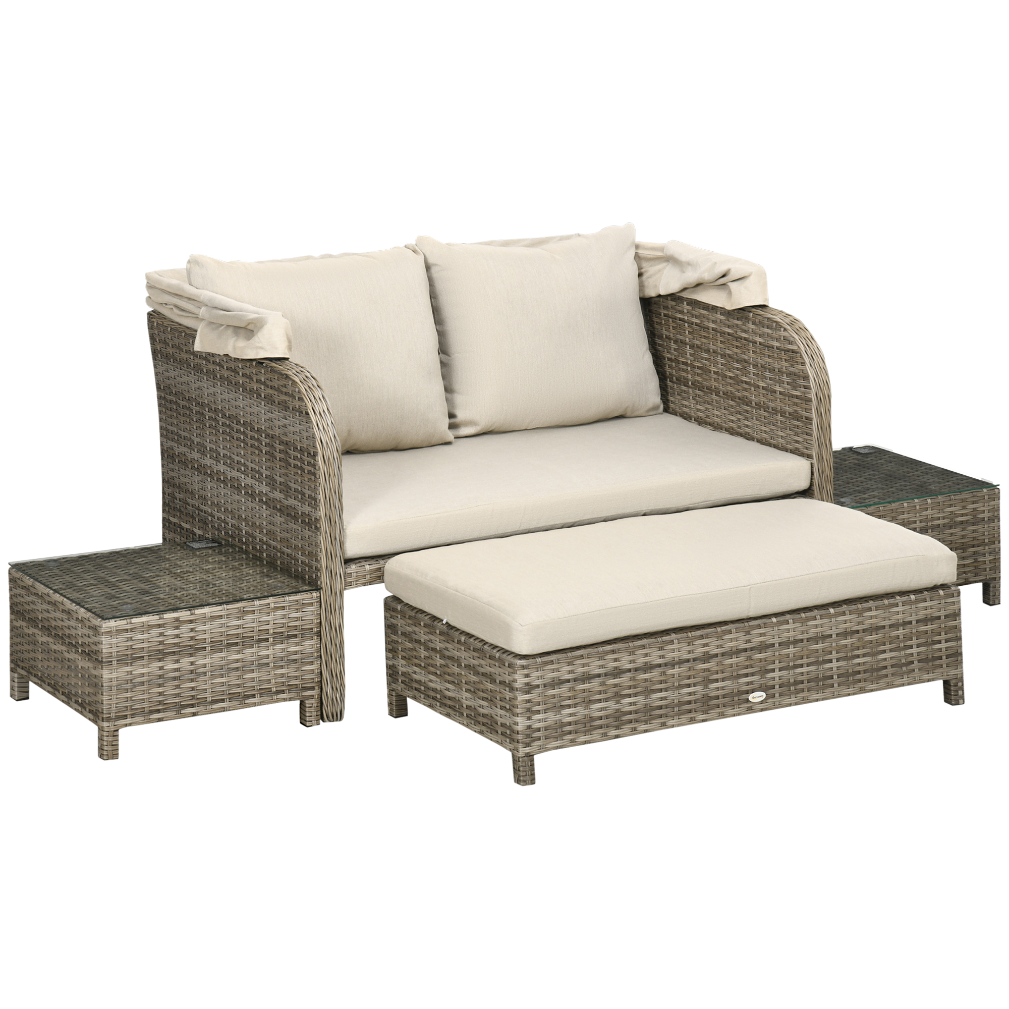 Outsunny Gartensofa-Set 4-teilig 2-Sitzer + 1 Fußhocker + 2 Couchtische mit Kissen Beige Braun