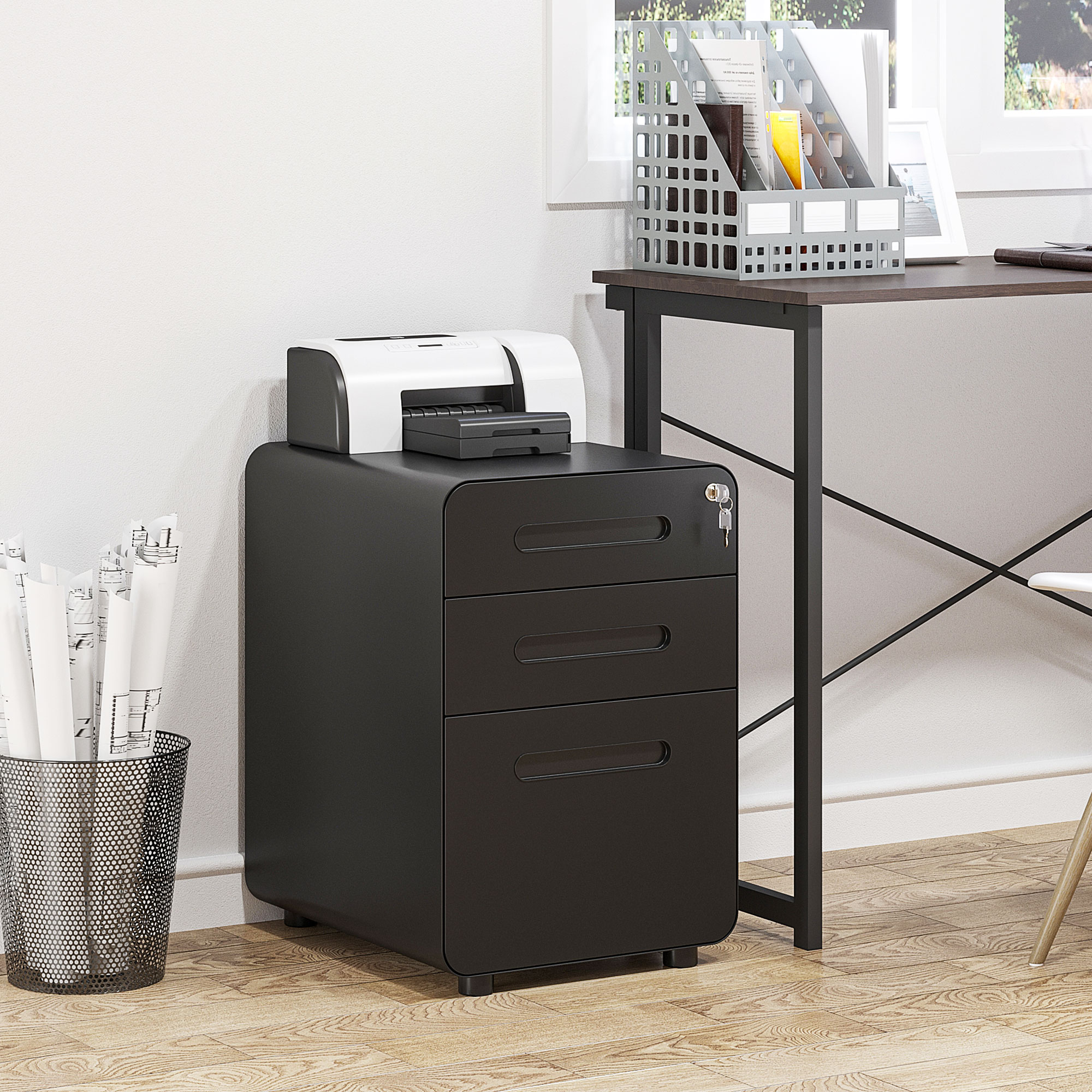 Vinsetto Rollcontainer, mobiler Aktenschrank mit 3 Schubladen, abschließbarer Büroschrank mit Hängeregistratur, Aufbewahrung, Stahl, 39 x 48 x 59 cm Schwarz
