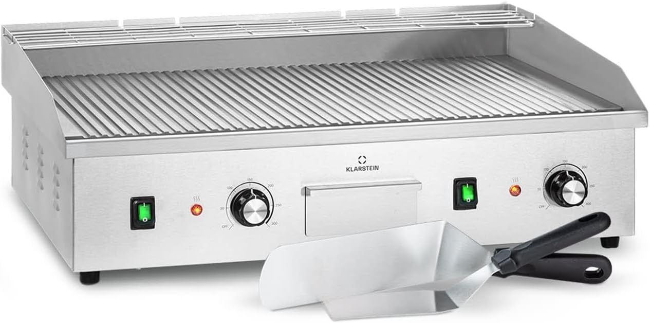 Klarstein Barbecue Elettrico, Griglia Elettrica Senza Fumo, Piastra Elettrica per Cucinare, Display LED, 2 Spatole, Bistecchiera Elettrica in Acciaio Inox, per Camping e Ristorante, 200W Argento