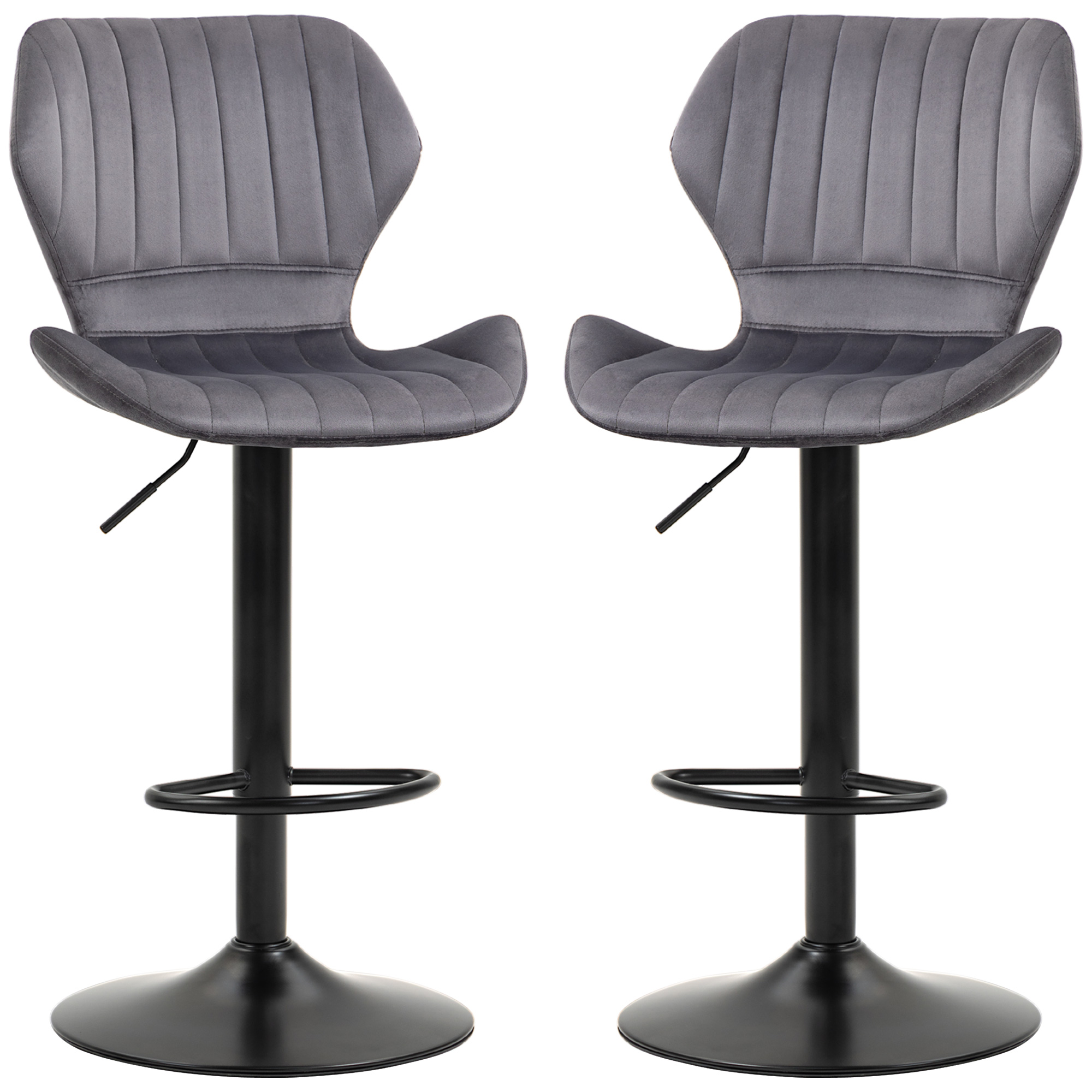 HOMCOM Set 2 Barhocker mit Höhenverstellbarer, ergonomischer Sitzfläche und Fußstütze, Hohe Hocker aus Samtstoff und Metall, 47x51,5x92-114 cm, Grau