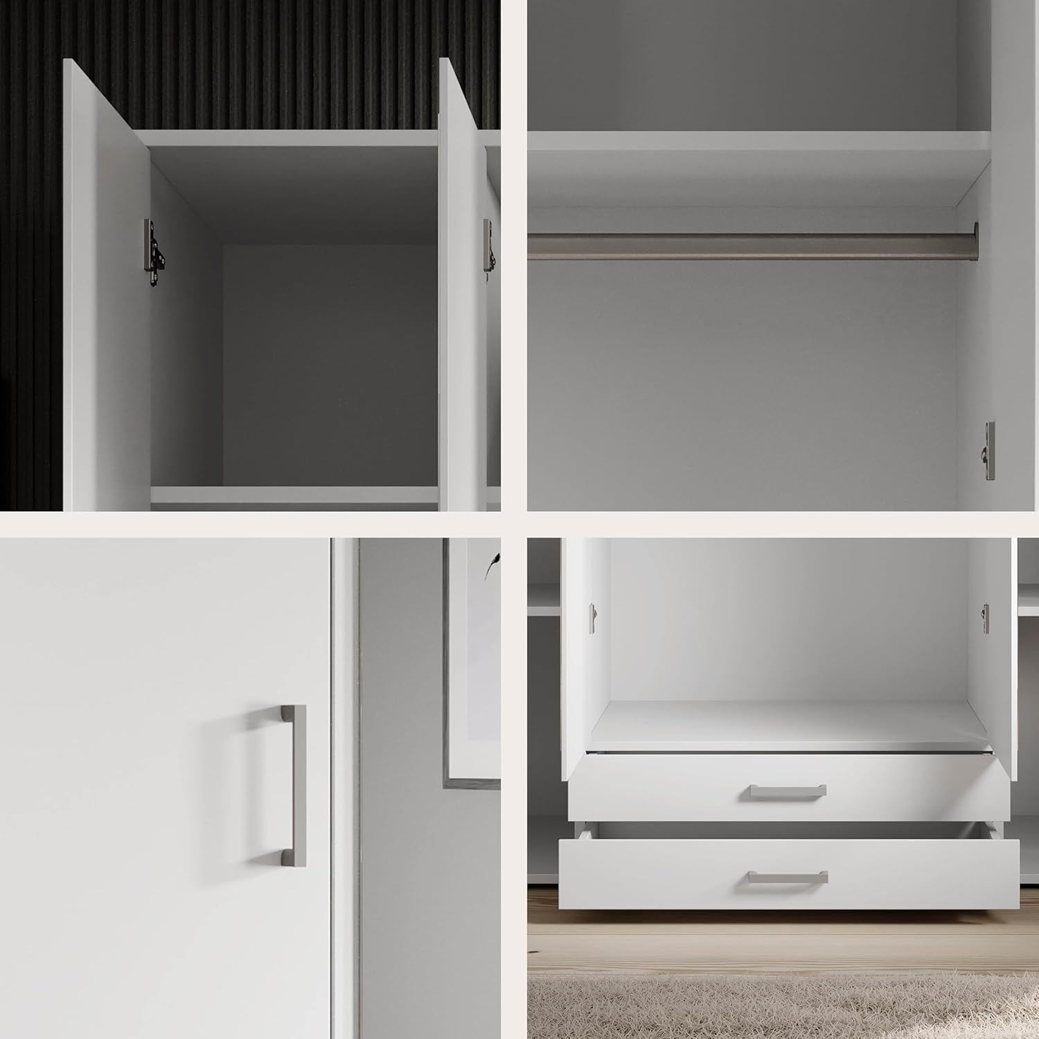KARL Elegant 4 Door Wardrobe with Large Capacity, Versatile with Hinged Doors, White with Mirrored Doors, 160 x 196 x 54 cm, W x H x D