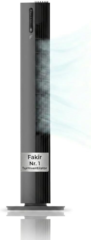 Fakir premium TV° 640 Turmventilator - Leiser Lüfter mit 32dB(A), DC-Motor, 12 Stufen, 12h Timer, LED-Display, Fernbedienung & 90° Oszillation, Luftreinigung, 450m³/h, 110cm Höhe, Farbe: Anthrazit