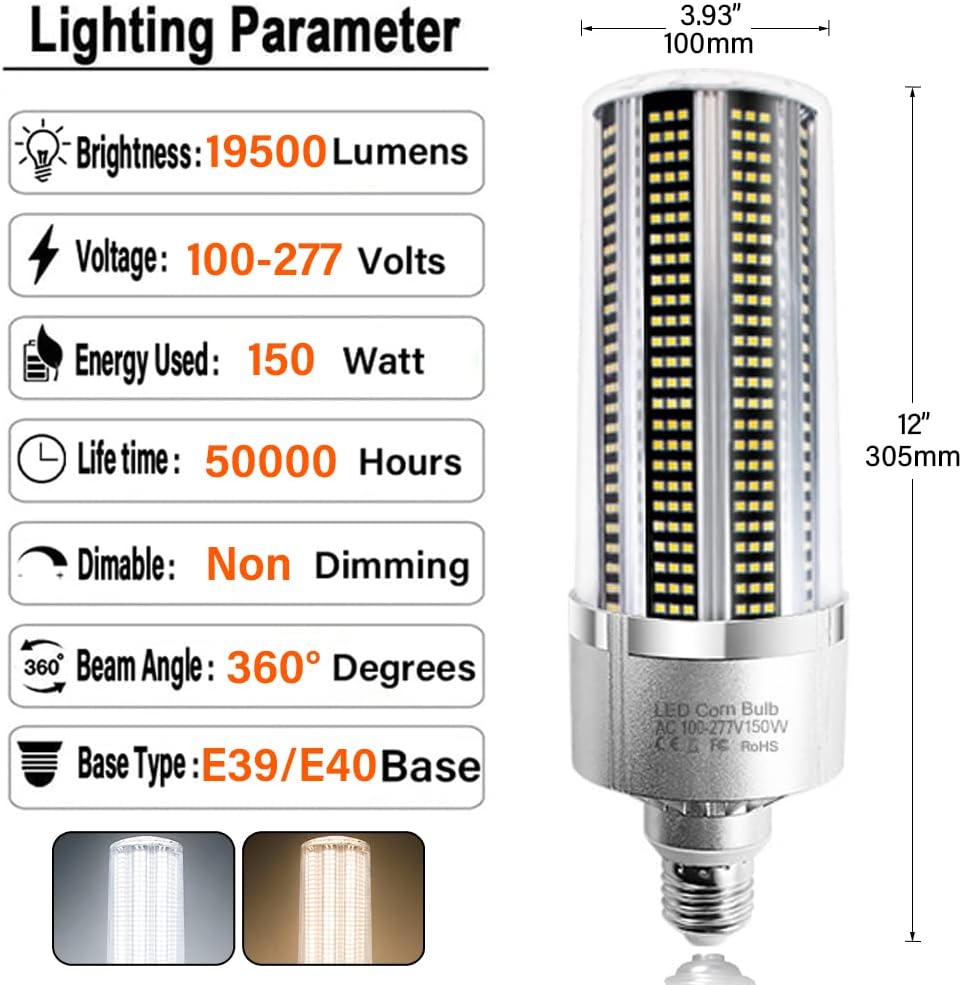 LED-Mais-Glühbirne, 150 W, 19500 lm, E26/E27-Sockel, mit E39/E40-Mogul-Sockel-Adapter, großflächige LED-Glühbirnen für Innen- und Außengarage