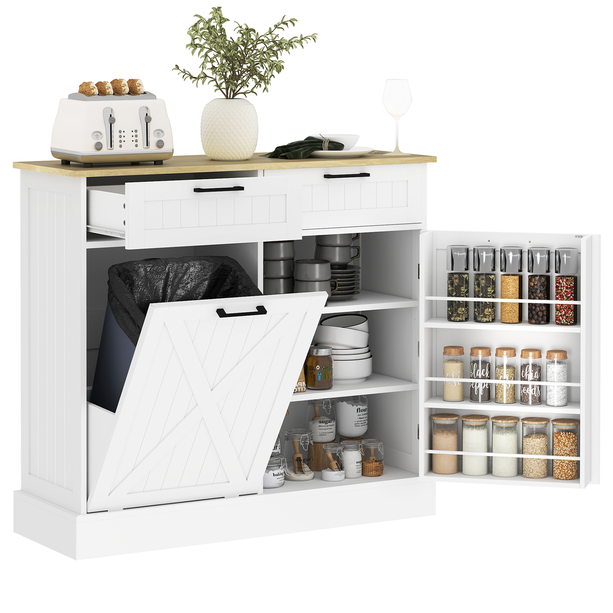 HOMCOM Buffet Küche mit 38L Müllschrank, Küchenmöbel Aufbewahrung, 2 Schubladen, Gewürzregal und Arbeitsplatte, Weiß