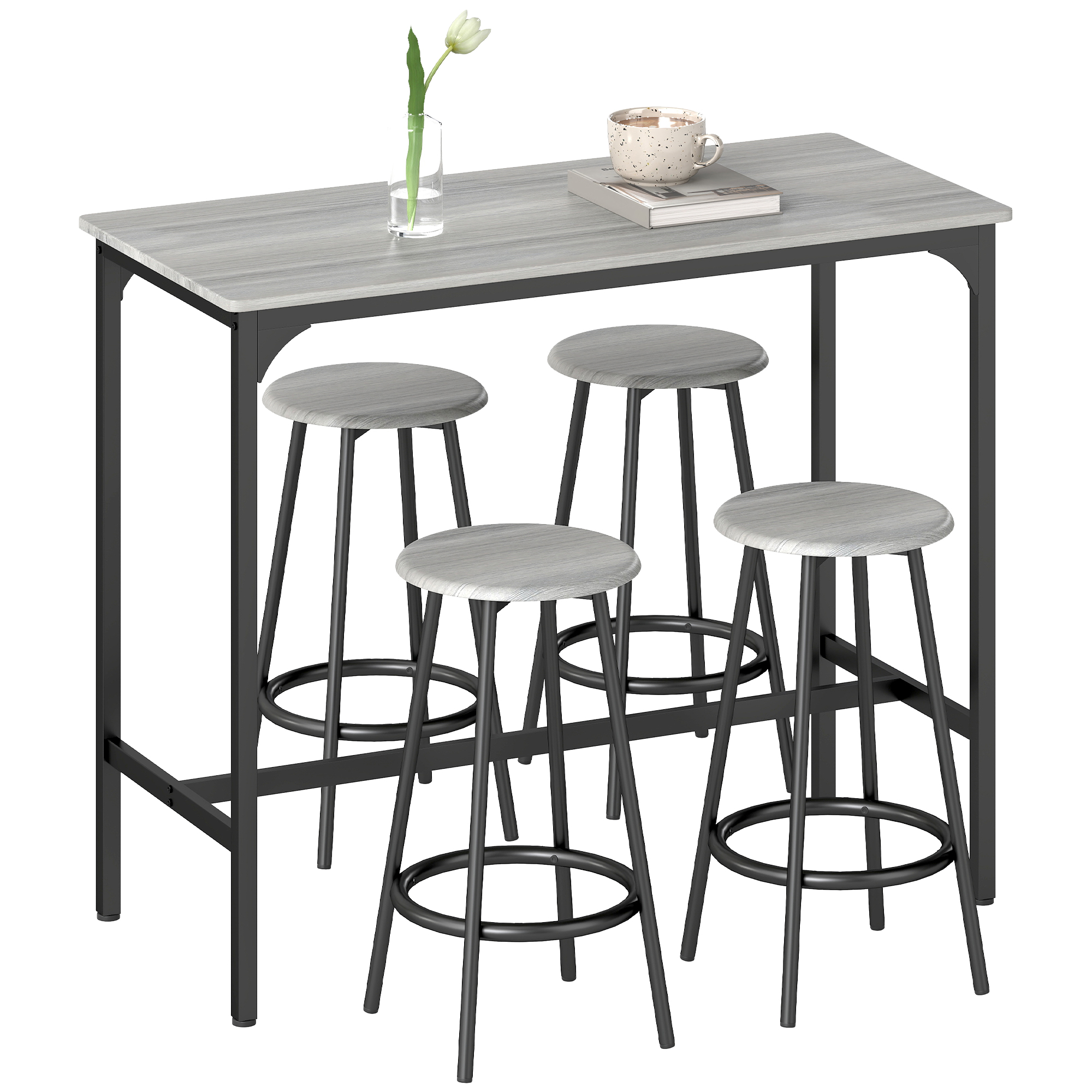 HOMCOM Bargarnitur, 5-teilig, Tisch & 4 Hocker, Industrie-Design, kompakt, rustikal