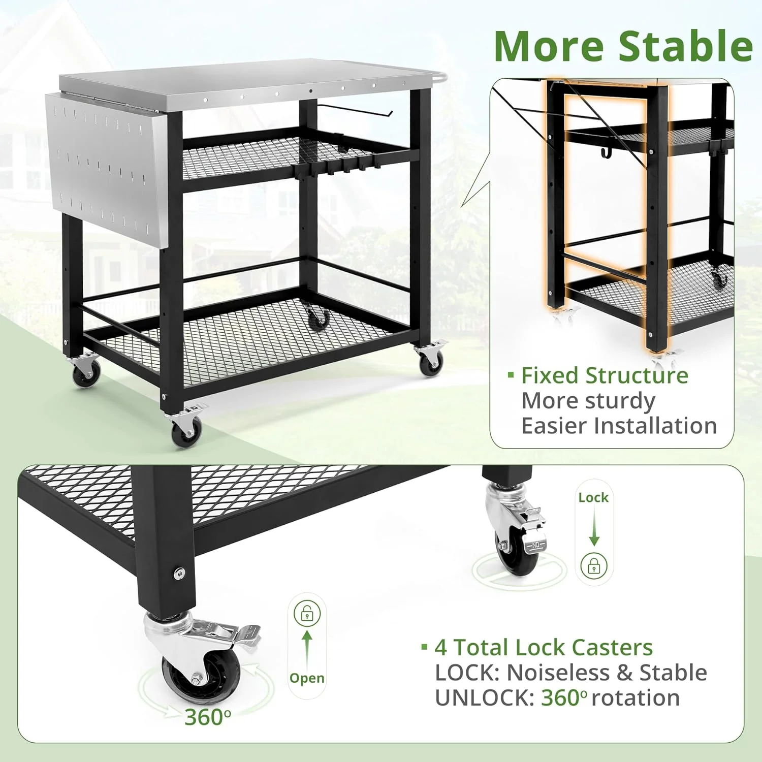 LUE BONA Outdoor Grill Cart Table &ndash; Portable, Foldable with Adjustable Storage & Tool Hooks