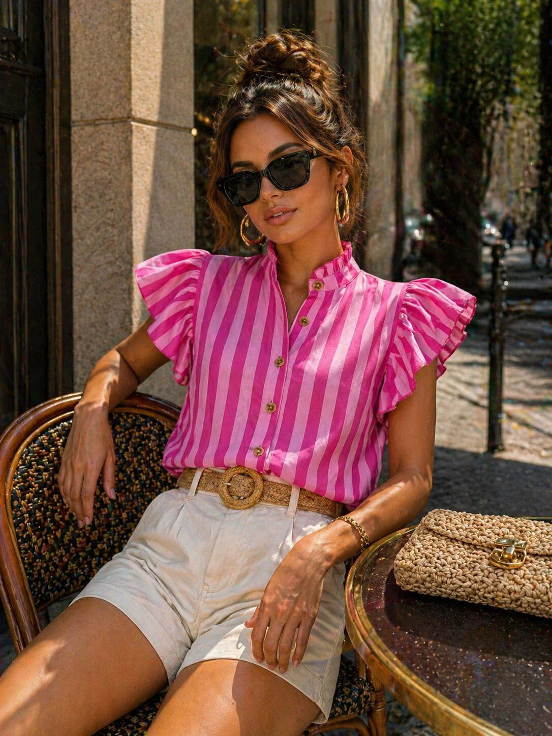 Striped Blouse with Ruffled Shoulders & High Collar | Women's Luxury Cotton Top