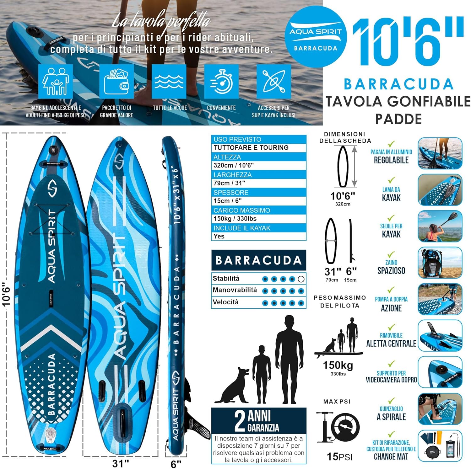 Aqua Spirit Tavola gonfiabile per SUP e paddle, da 3 m, 10 m, 10 m, 3,8 m, 4,5 m, 45 cm, kit completo convertibile da SUP a kayak con pagaia, zaino, pompa e altri accessori