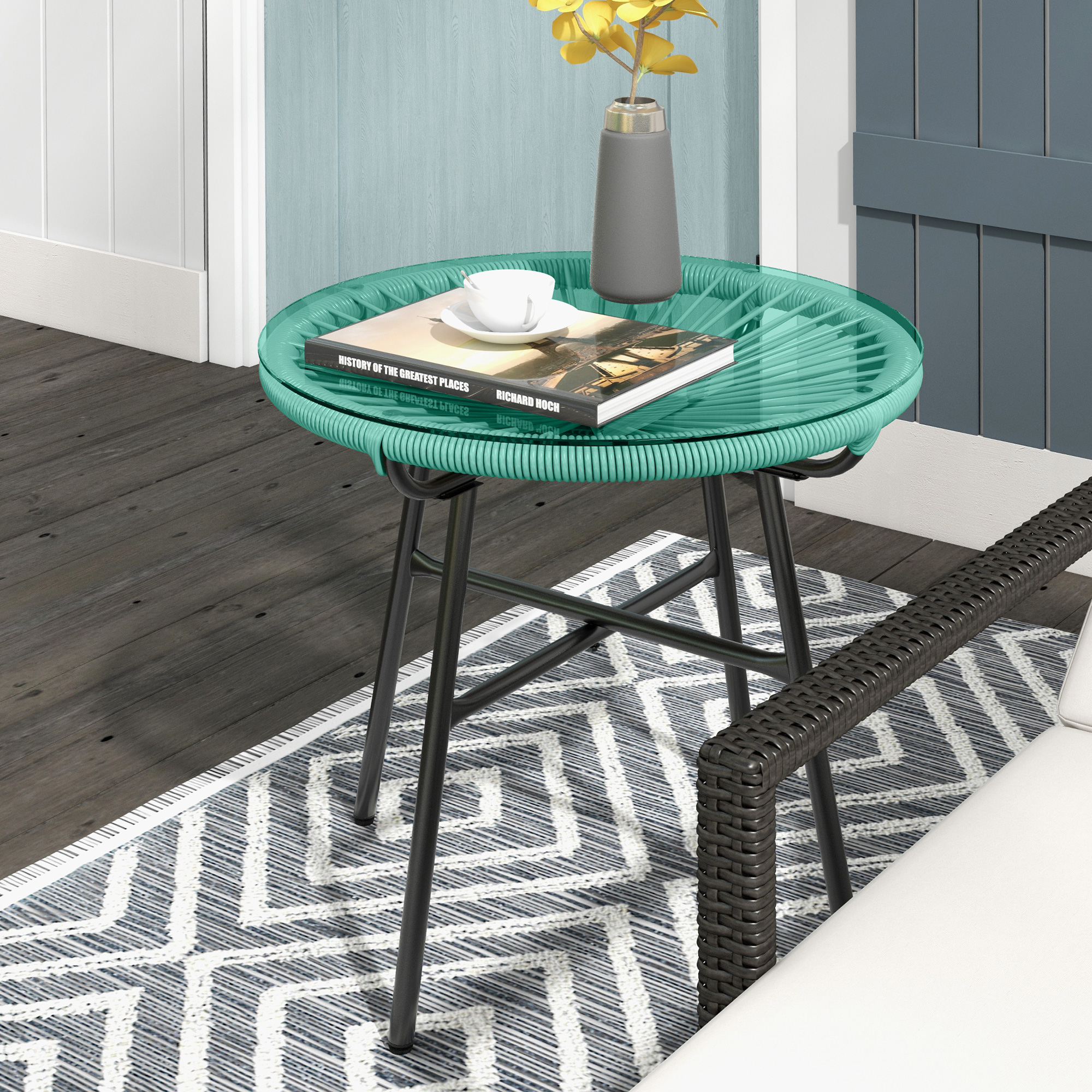 Outsunny Runder Gartentisch aus Rattanimitat mit Metallstruktur und gehärteter Glasplatte Ø 50 x 50H cm