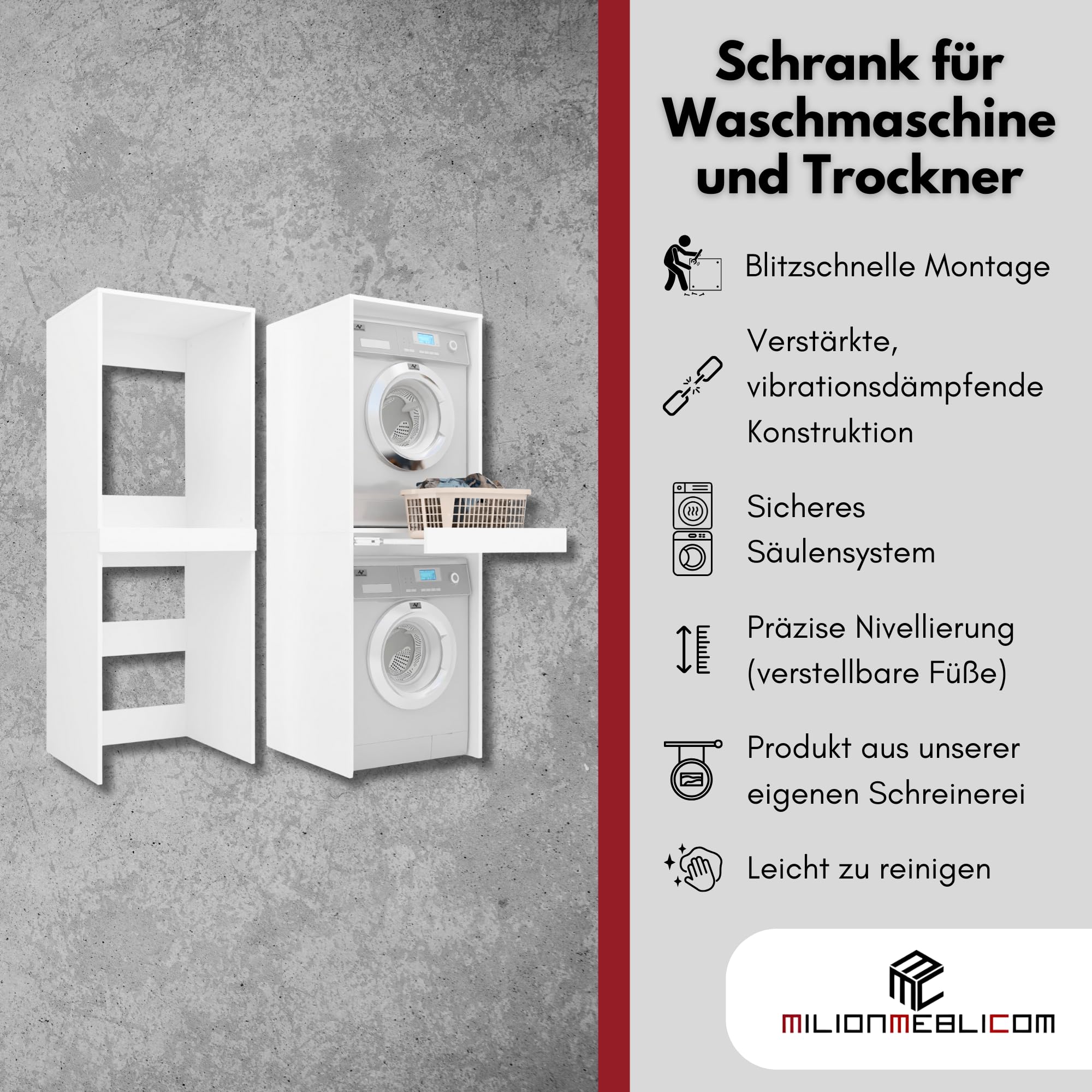 Waschmaschinenschrank für Waschmaschine und Trockner, 183,7x65x66 cm, mit ausziehbarem Regalboden und verstellbaren Standfüßen, Weiß