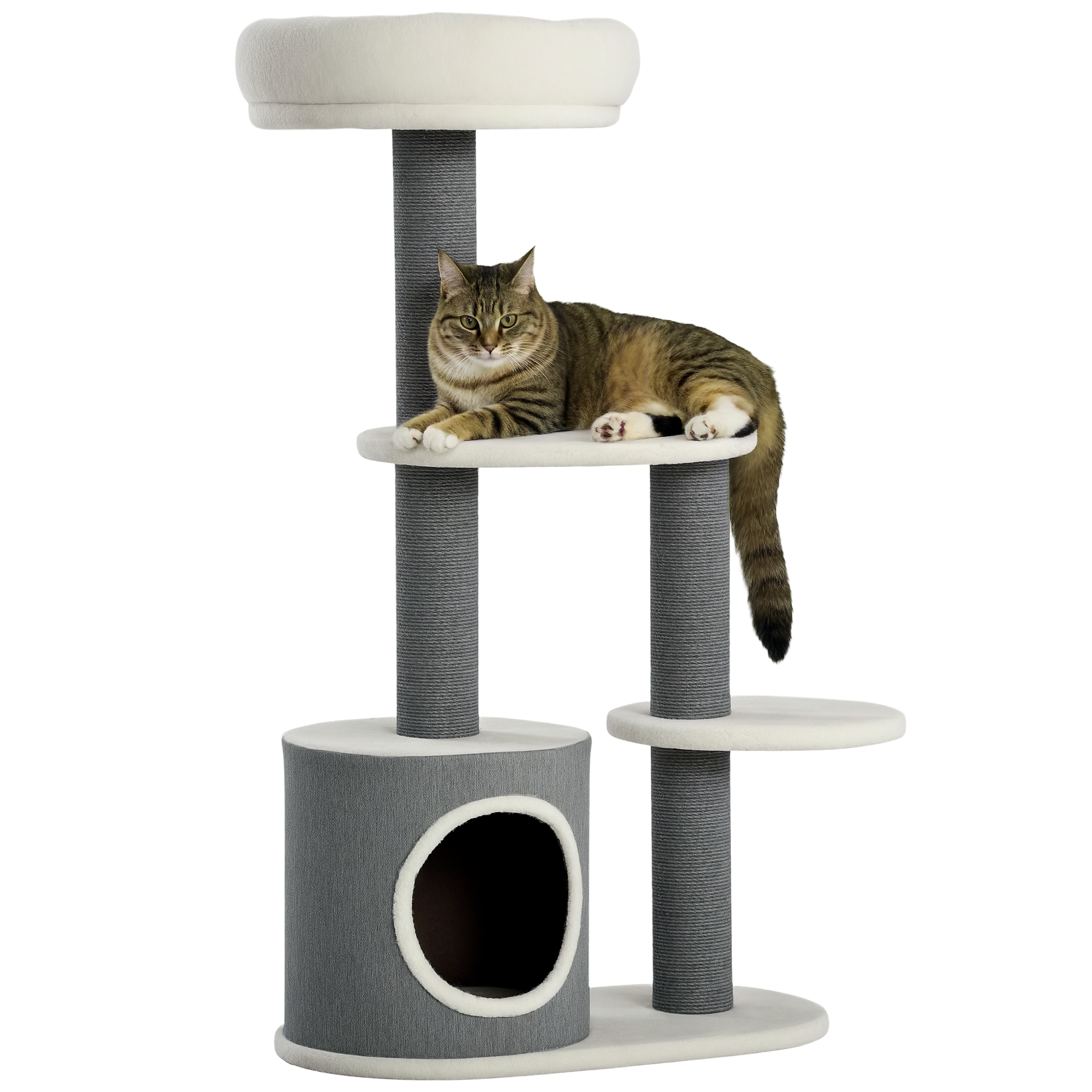 PawHut Kratzbaum mit 1 Katzenhöhle, 1 Katzenbett, 2 Plattformen, Jute-Seilspfosten, Weiß + Grau